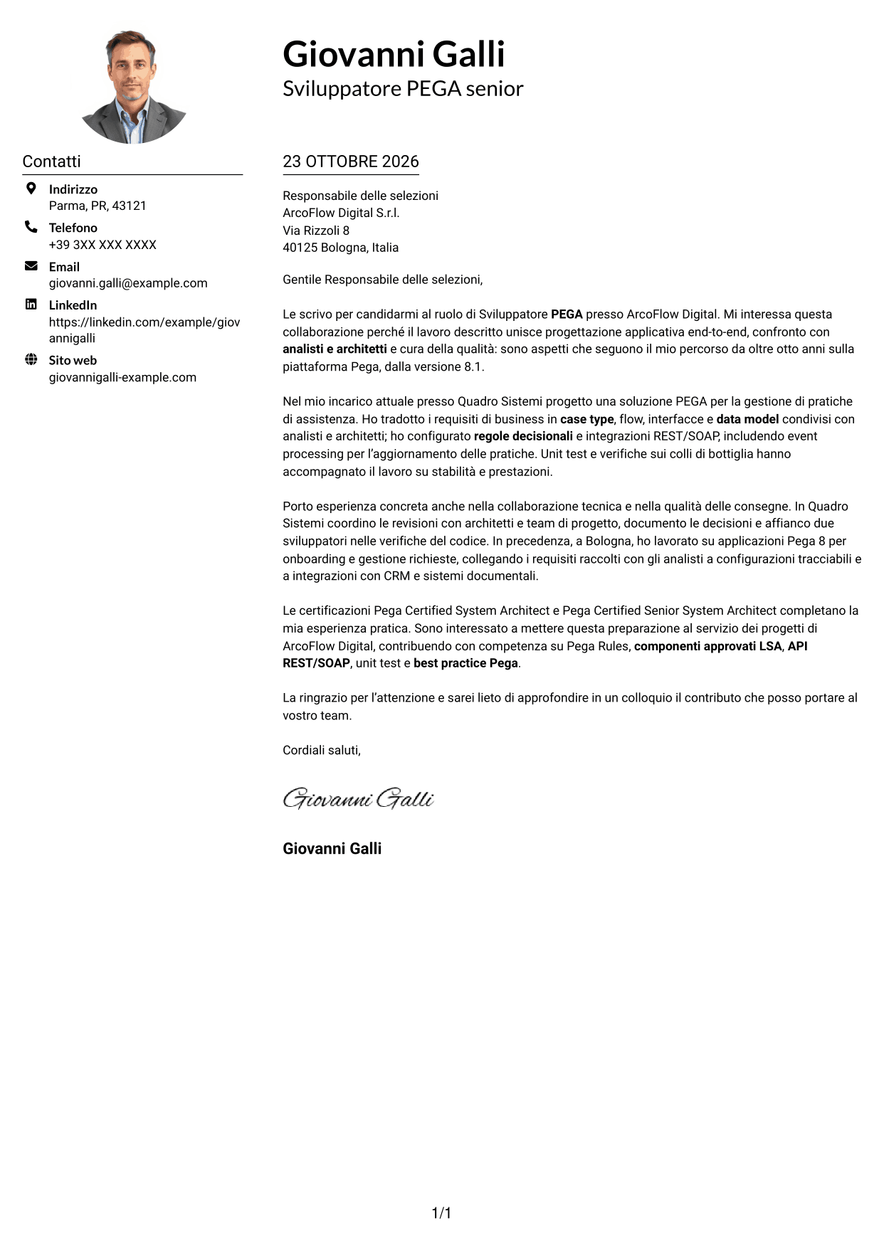 Esempio di lettera di presentazione — pagina 1