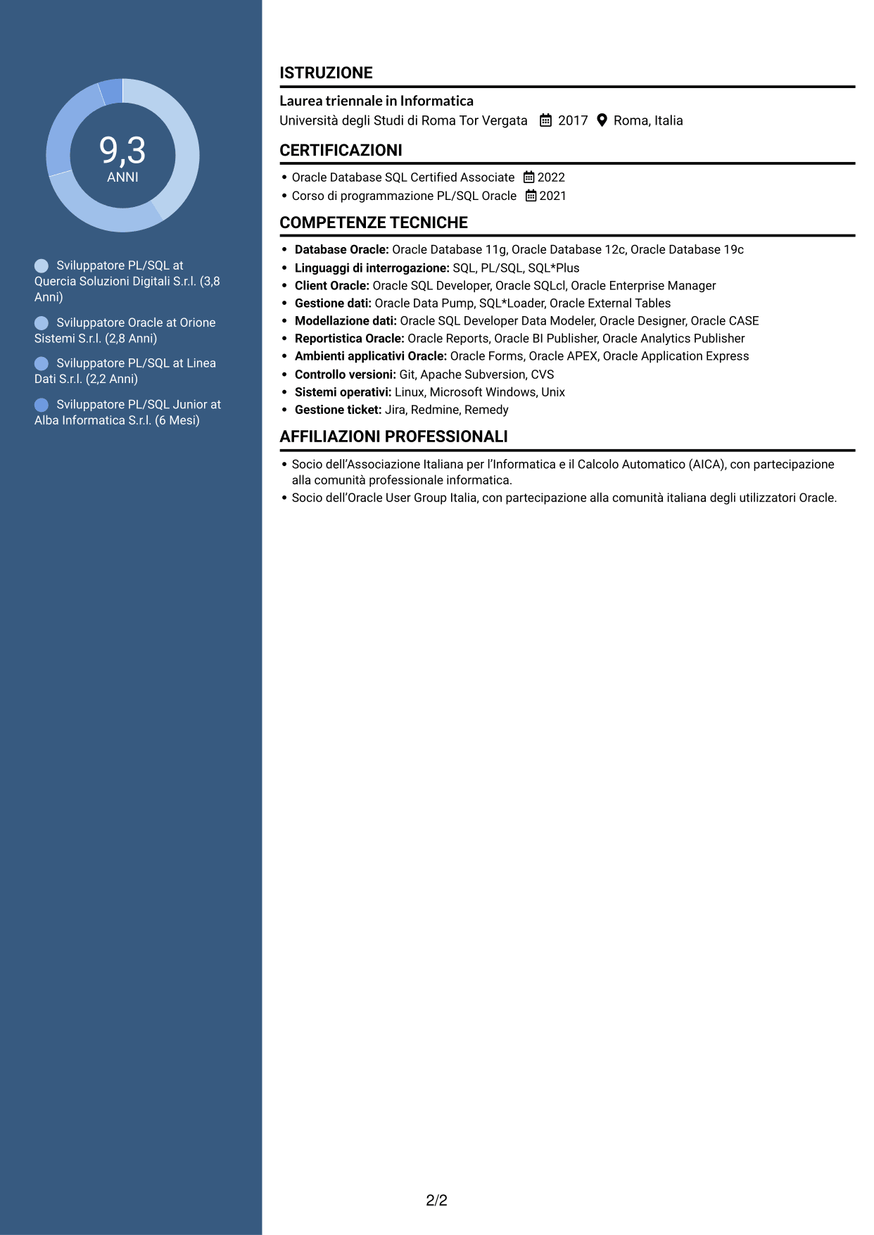 CV Elegante (formato con colonna laterale colorata e foto): Sviluppatore PL/SQL Oracle, pagina 2
