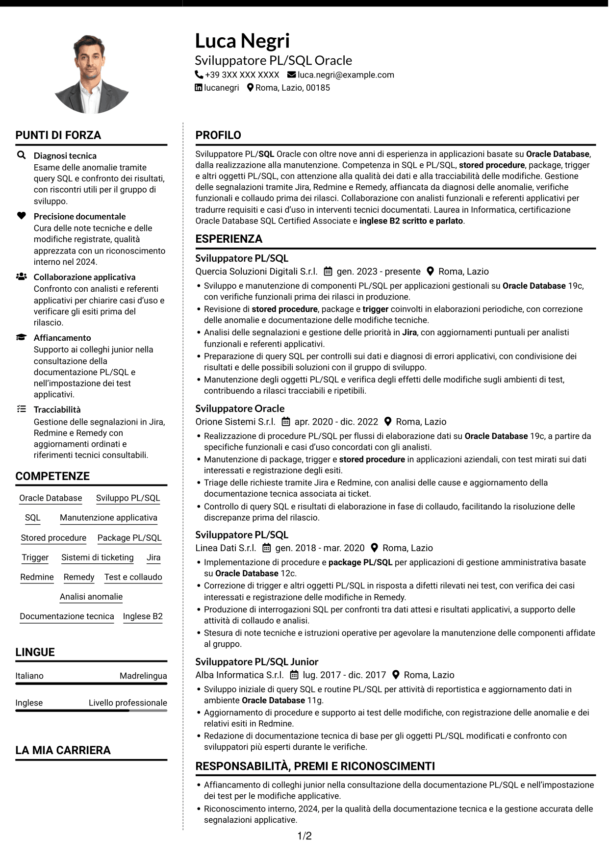 CV Moderno (formato a due colonne con foto a sinistra e separatore): Sviluppatore PL/SQL Oracle, pagina 1