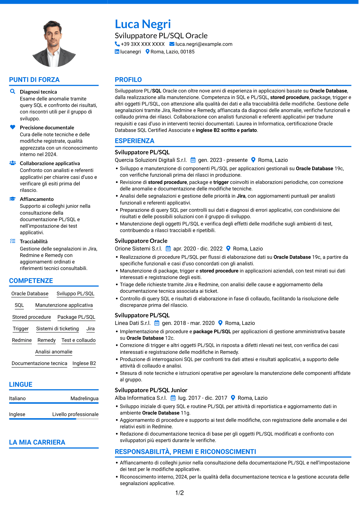 CV Audace (formato a due colonne con accenti colorati e foto): Sviluppatore PL/SQL Oracle, pagina 1