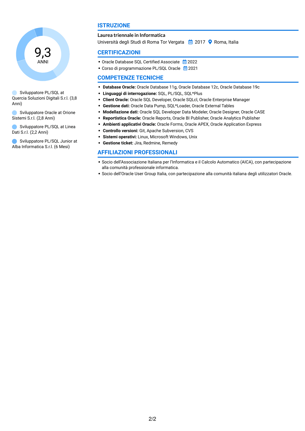 CV Audace (formato a due colonne con accenti colorati e foto): Sviluppatore PL/SQL Oracle, pagina 2