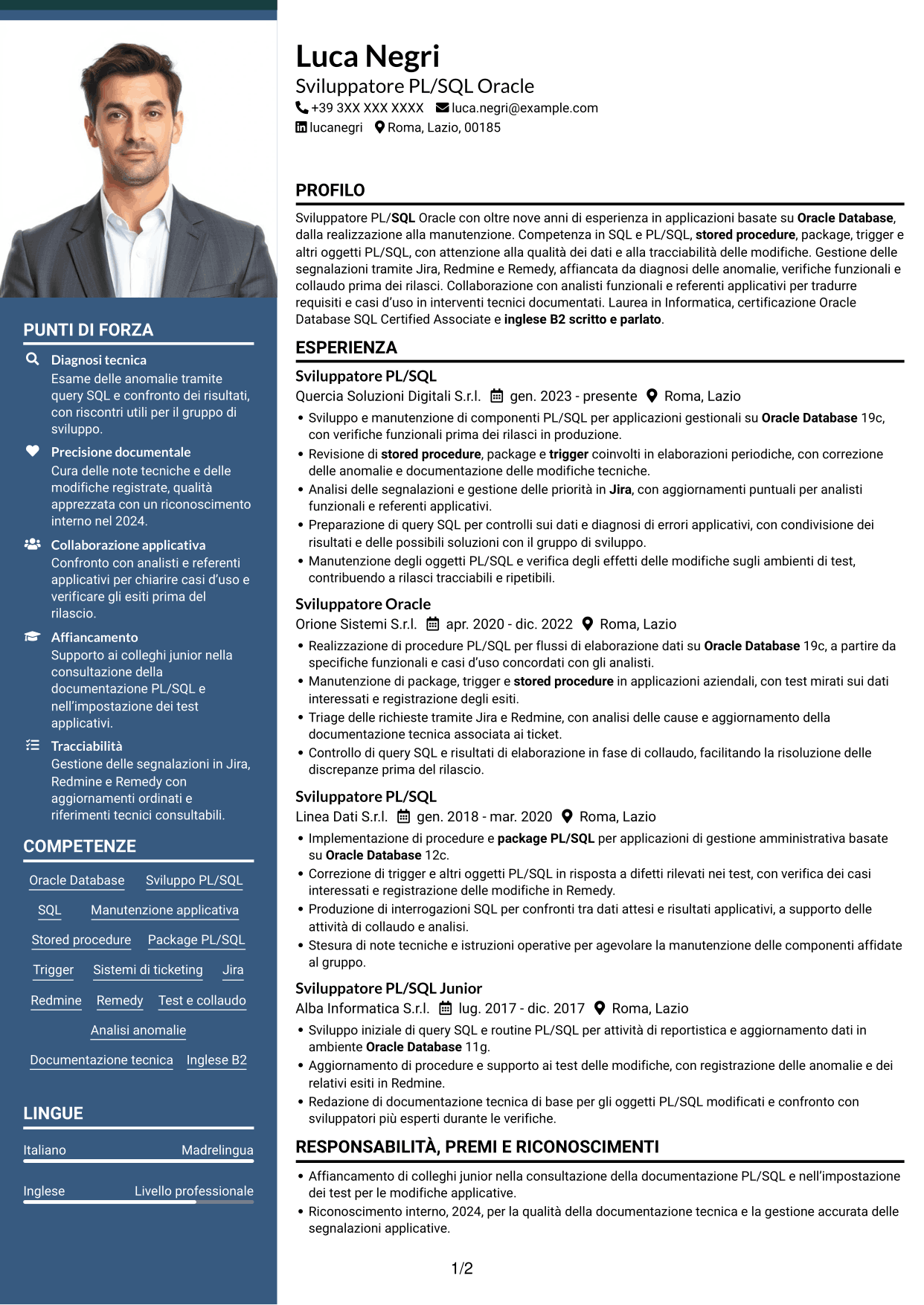 CV Signature (formato con colonna laterale colorata e foto grande): Sviluppatore PL/SQL Oracle, pagina 1