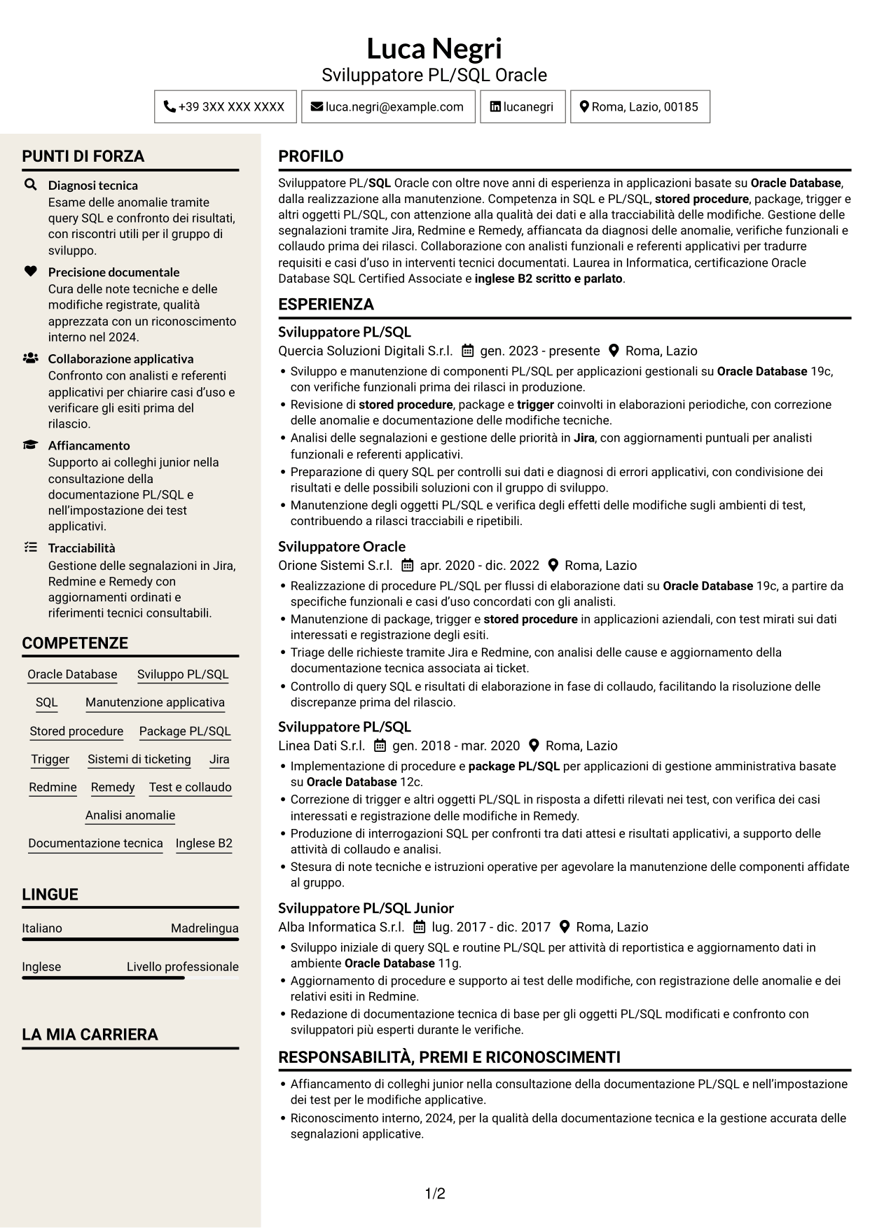 CV Intraprendente (formato a due colonne con intestazione centrata senza foto): Sviluppatore PL/SQL Oracle, pagina 1