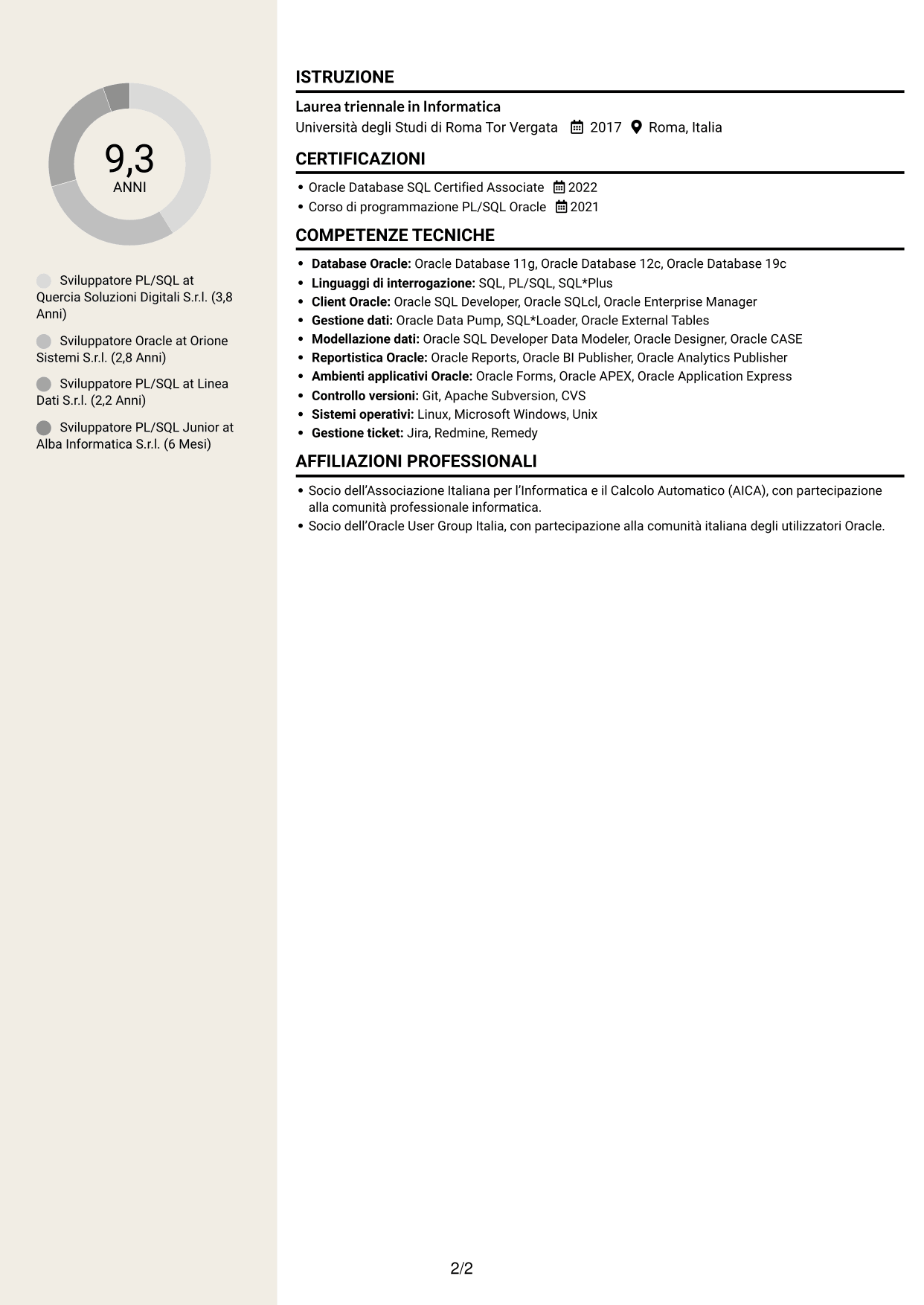 CV Intraprendente (formato a due colonne con intestazione centrata senza foto): Sviluppatore PL/SQL Oracle, pagina 2