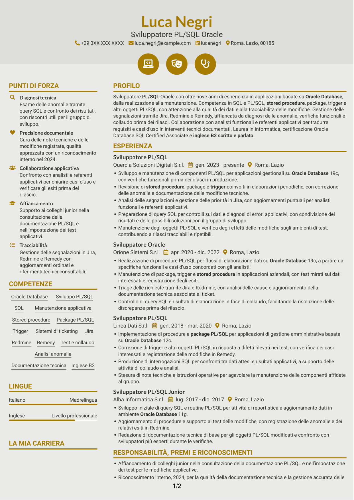 CV Dinamico (formato a due colonne con icone): Sviluppatore PL/SQL Oracle, pagina 1