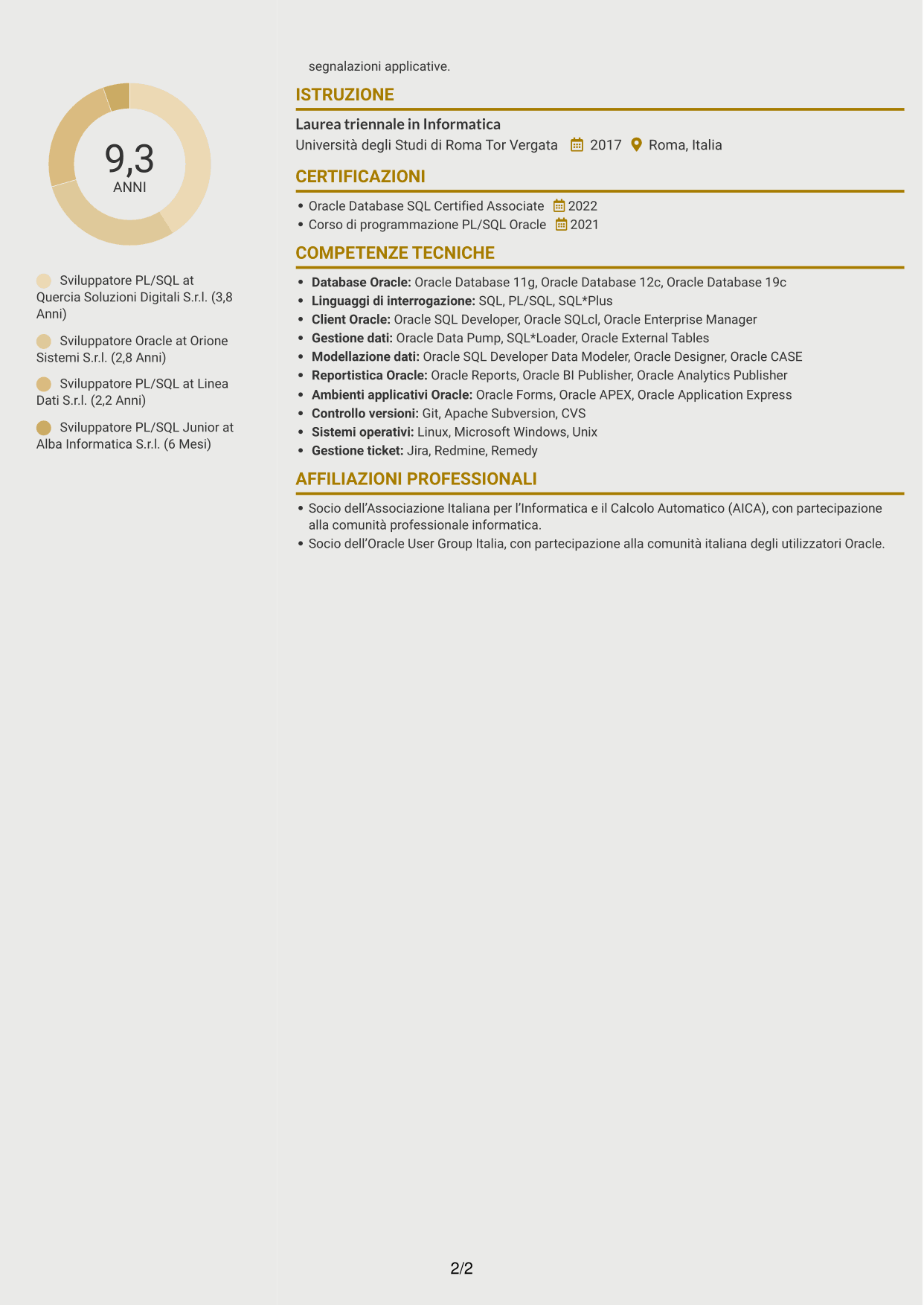 CV Dinamico (formato a due colonne con icone): Sviluppatore PL/SQL Oracle, pagina 2