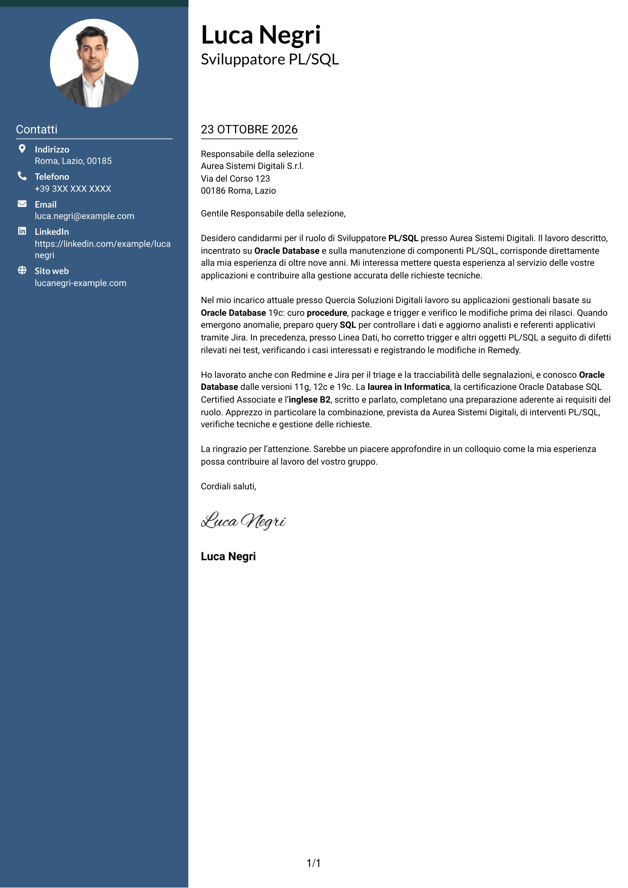 Lettera di presentazione Elegante (formato con colonna laterale colorata e foto): Sviluppatore PL/SQL Oracle, pagina 1