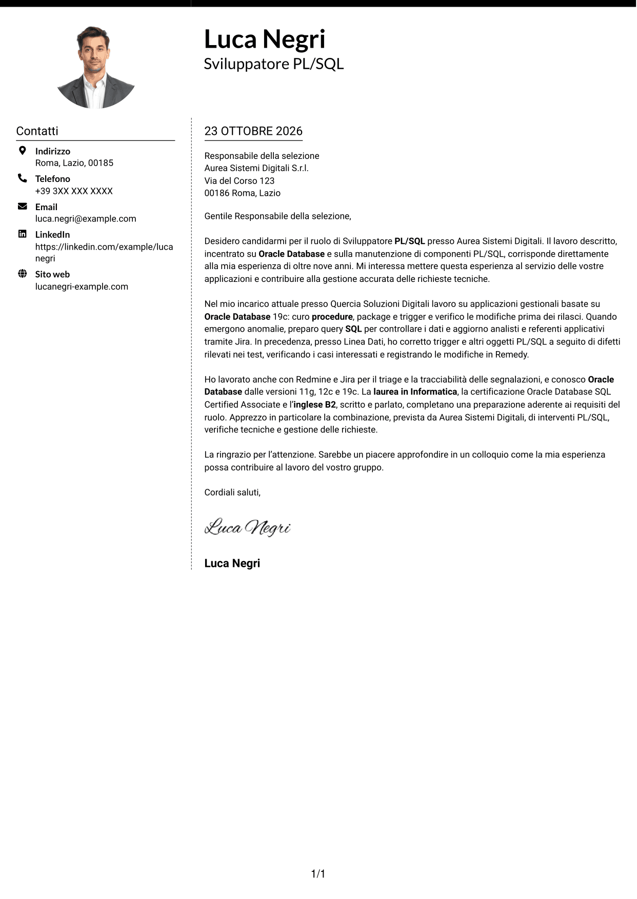 Lettera di presentazione Moderno (formato a due colonne con foto a sinistra e separatore): Sviluppatore PL/SQL Oracle, pagina 1