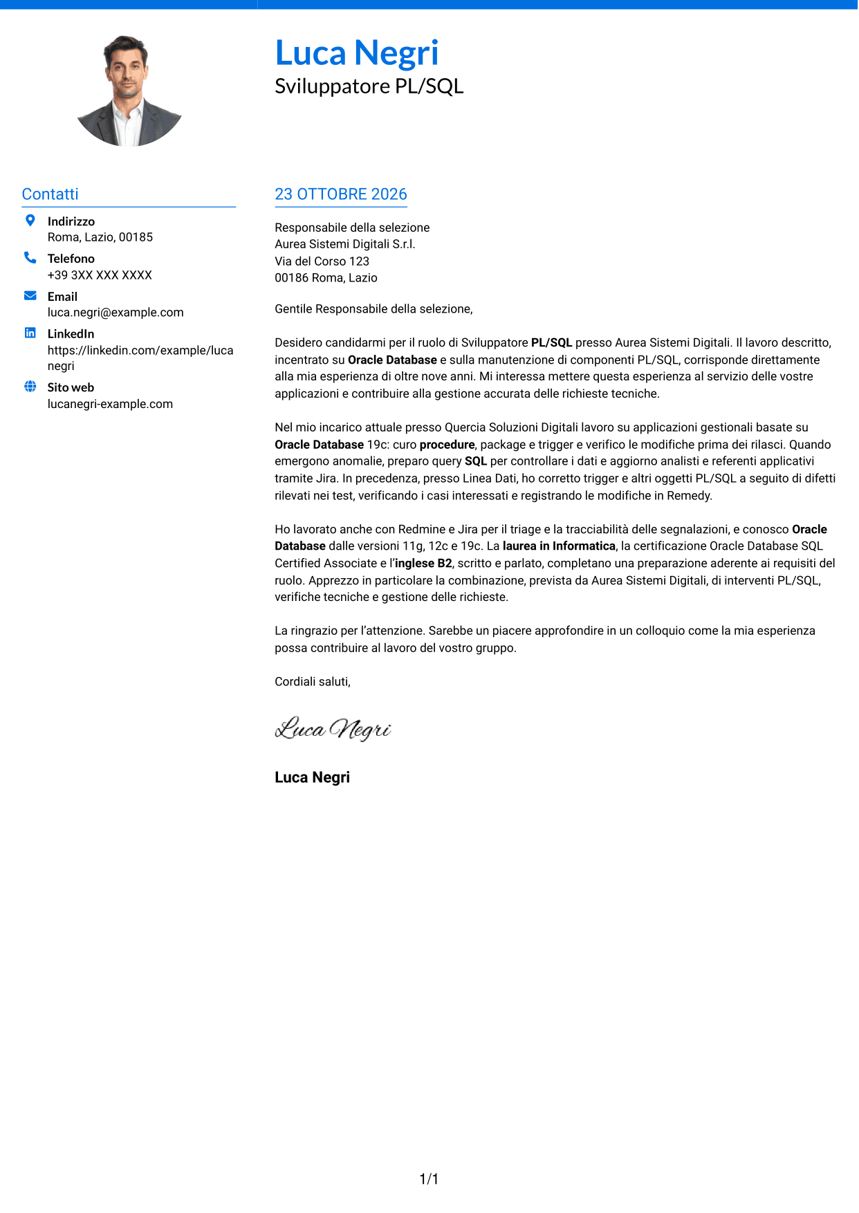 Lettera di presentazione Audace (formato a due colonne con accenti colorati e foto): Sviluppatore PL/SQL Oracle, pagina 1