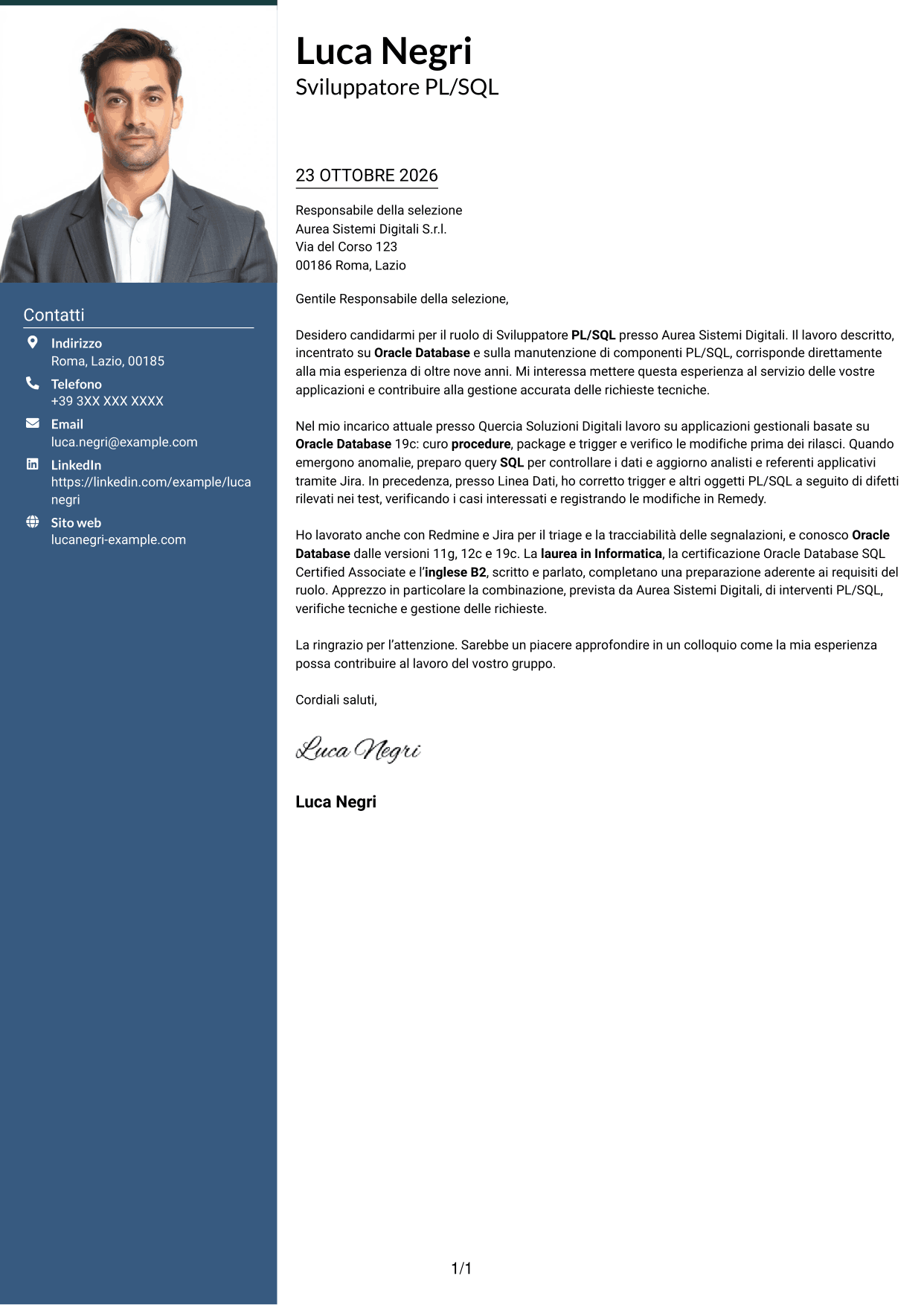Lettera di presentazione Signature (formato con colonna laterale colorata e foto grande): Sviluppatore PL/SQL Oracle, pagina 1