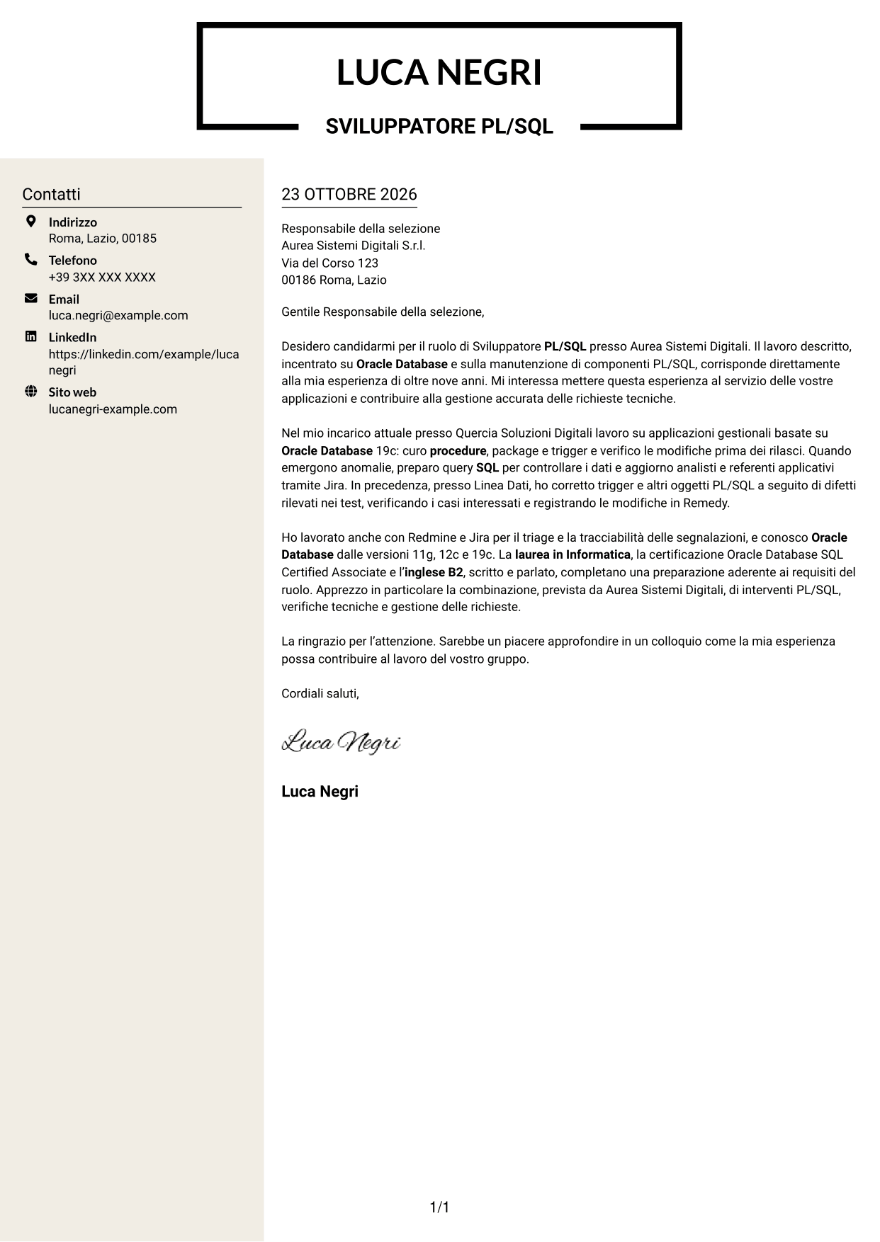 Lettera di presentazione Intraprendente (formato a due colonne con intestazione centrata senza foto): Sviluppatore PL/SQL Oracle, pagina 1