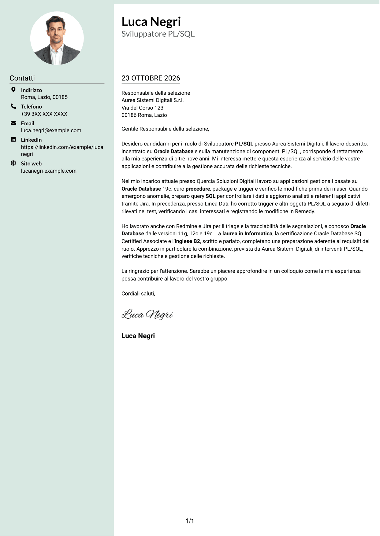 Lettera di presentazione Dirigente (formato con colonna laterale tenue e foto arrotondata): Sviluppatore PL/SQL Oracle, pagina 1