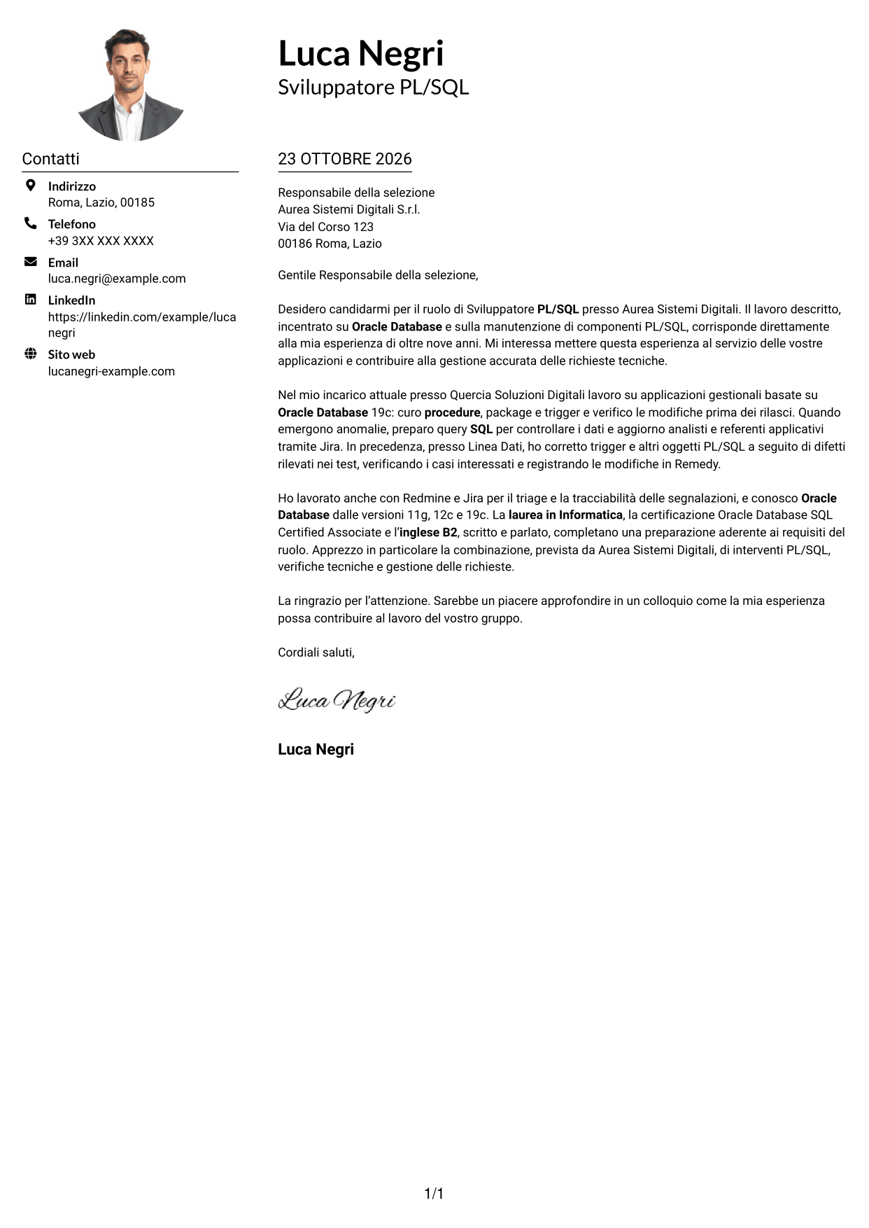 Esempio di lettera di presentazione — pagina 1