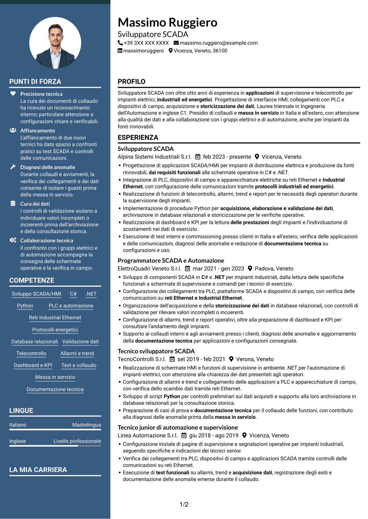 CV Elegante (formato con colonna laterale colorata e foto): Sviluppatore SCADA, pagina 1