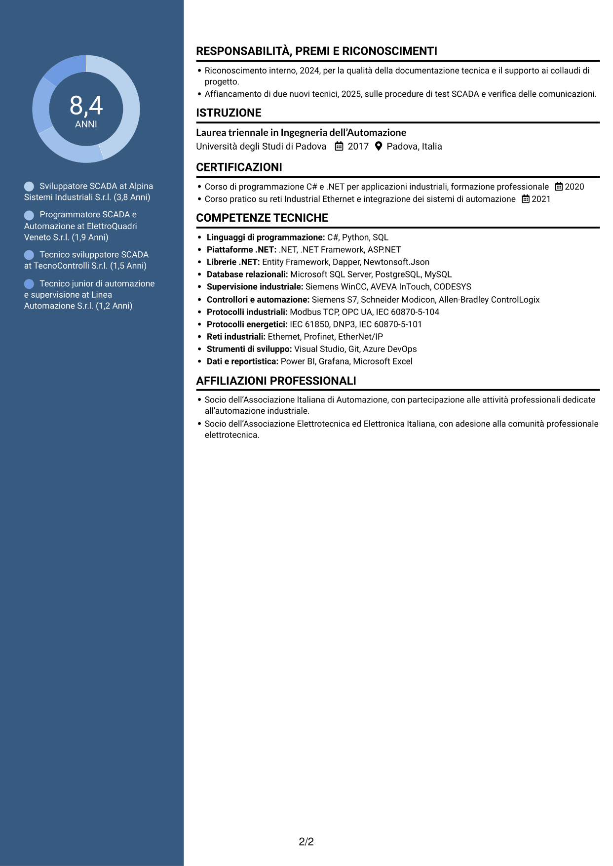CV Elegante (formato con colonna laterale colorata e foto): Sviluppatore SCADA, pagina 2