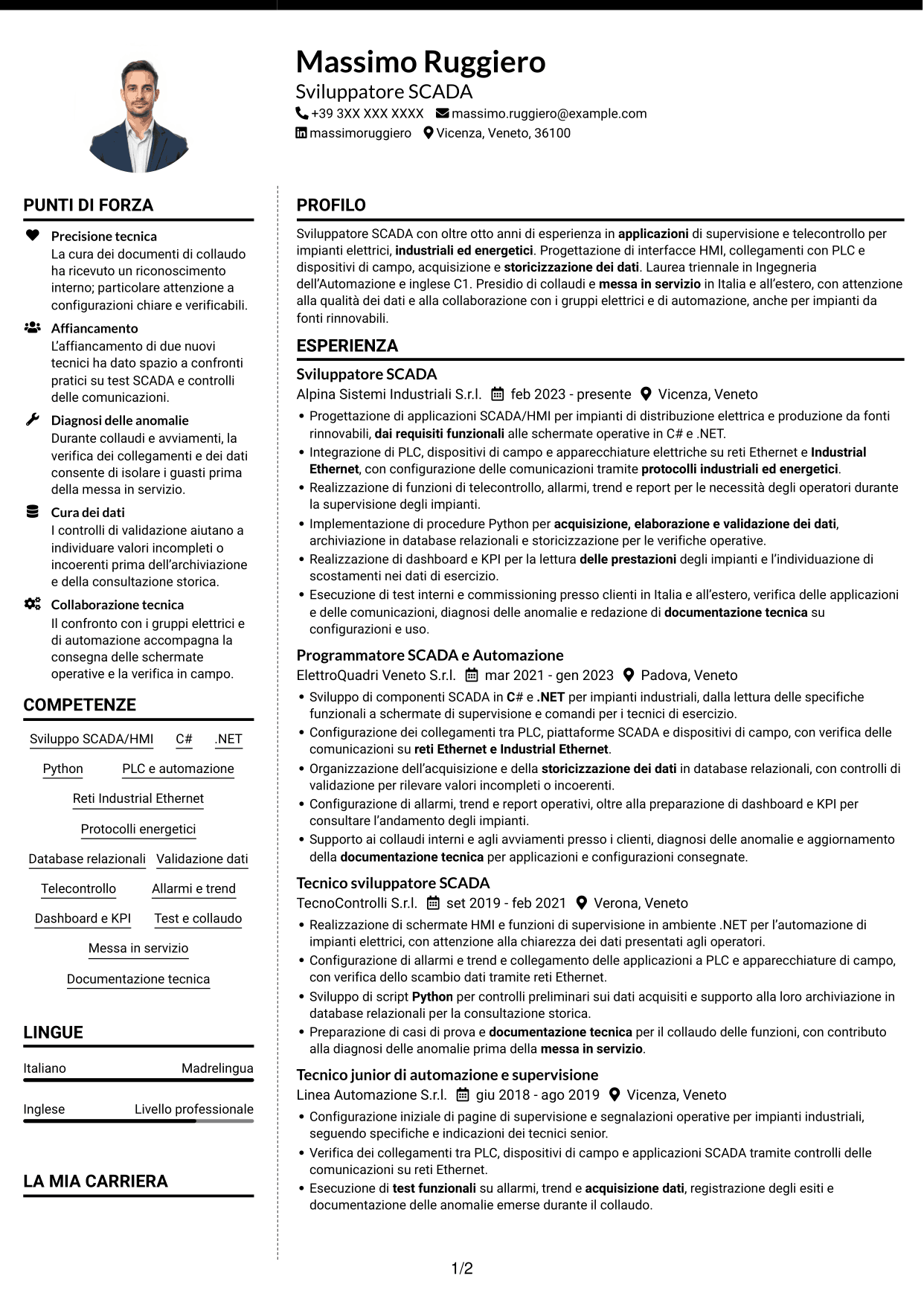 CV Moderno (formato a due colonne con foto a sinistra e separatore): Sviluppatore SCADA, pagina 1
