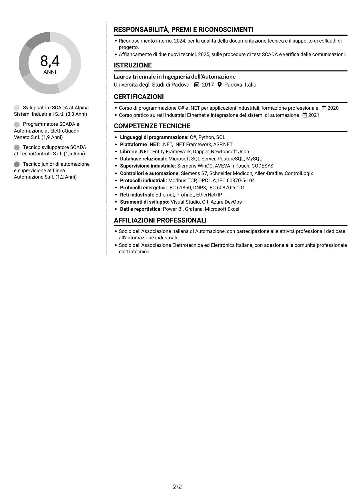 CV Moderno (formato a due colonne con foto a sinistra e separatore): Sviluppatore SCADA, pagina 2