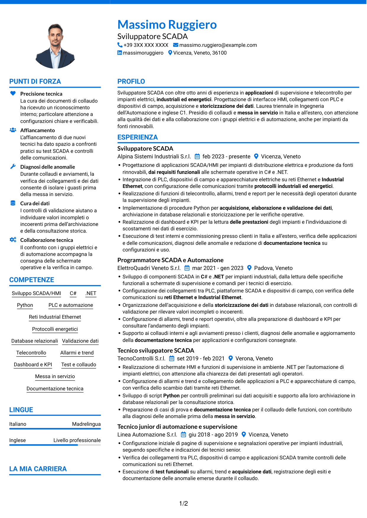 CV Audace (formato a due colonne con accenti colorati e foto): Sviluppatore SCADA, pagina 1