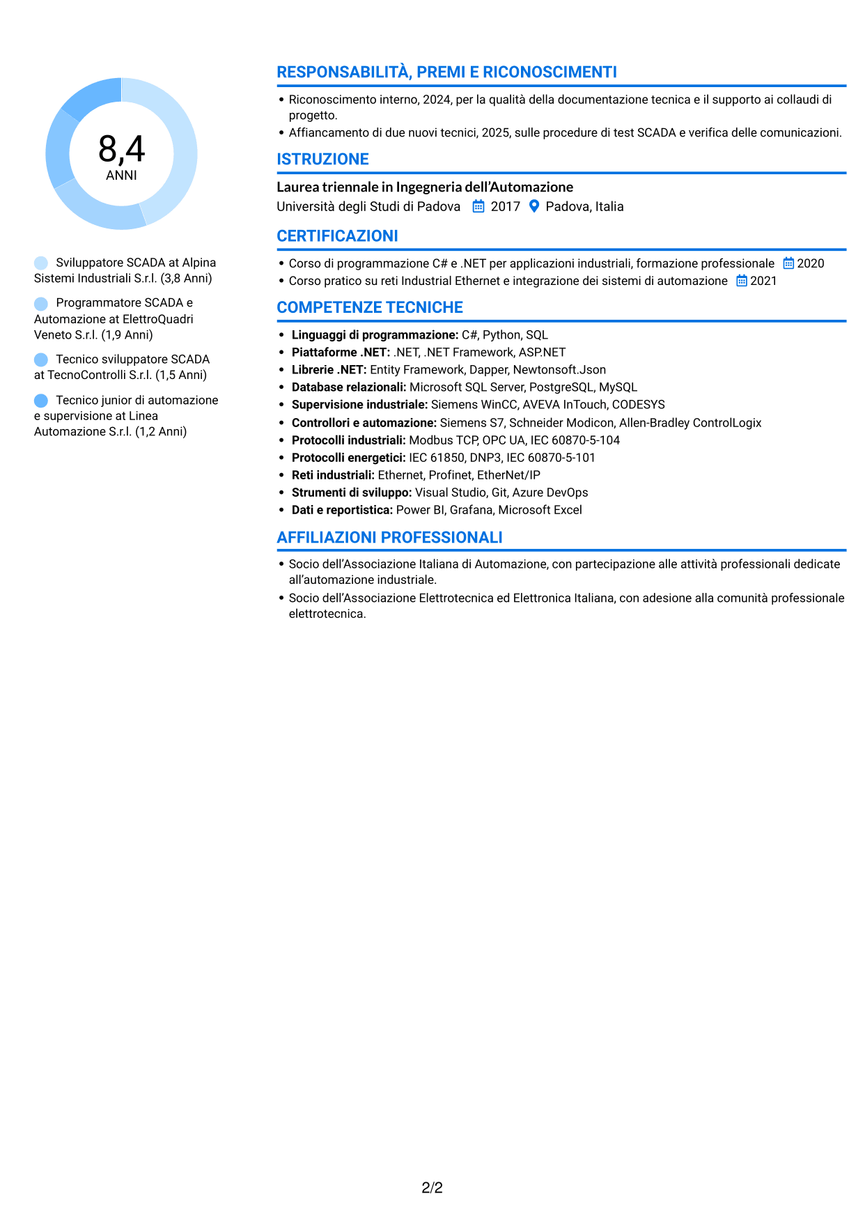 CV Audace (formato a due colonne con accenti colorati e foto): Sviluppatore SCADA, pagina 2