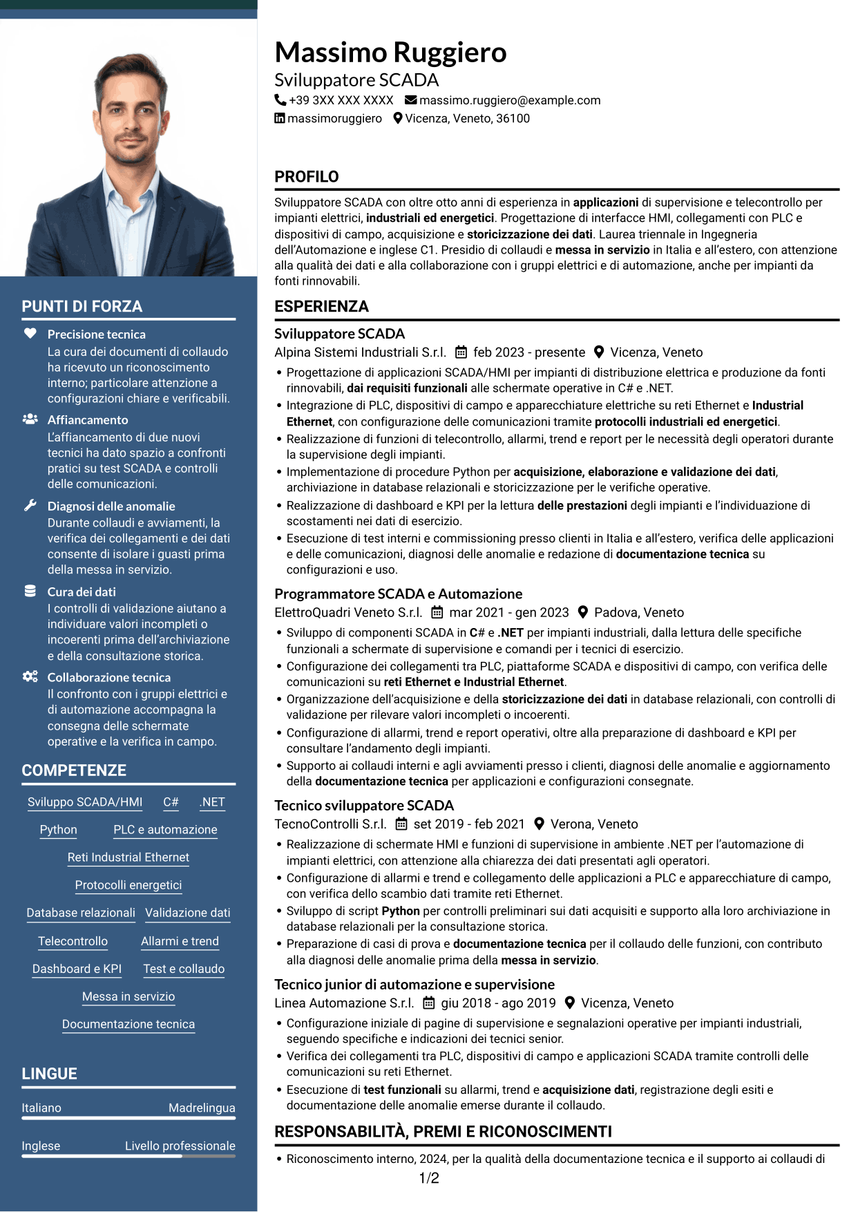 CV Signature (formato con colonna laterale colorata e foto grande): Sviluppatore SCADA, pagina 1