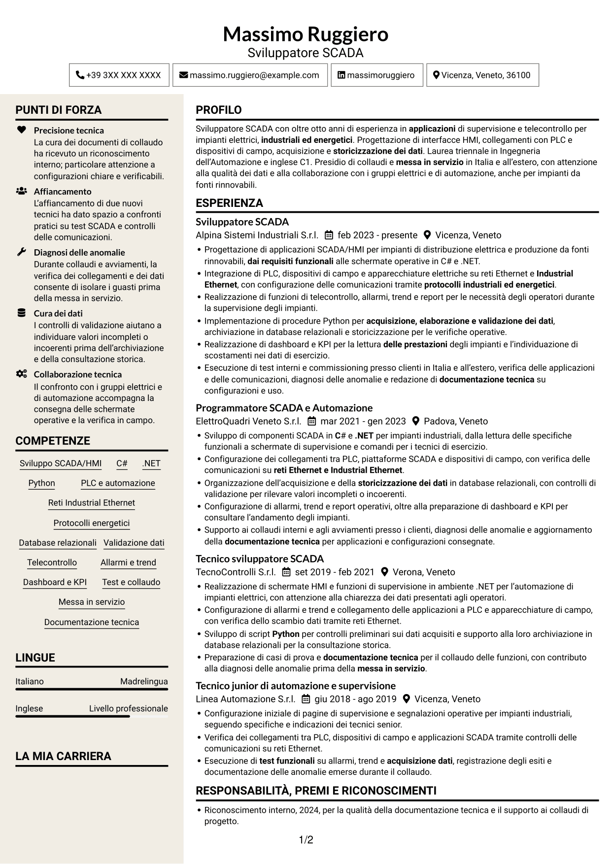 CV Intraprendente (formato a due colonne con intestazione centrata senza foto): Sviluppatore SCADA, pagina 1