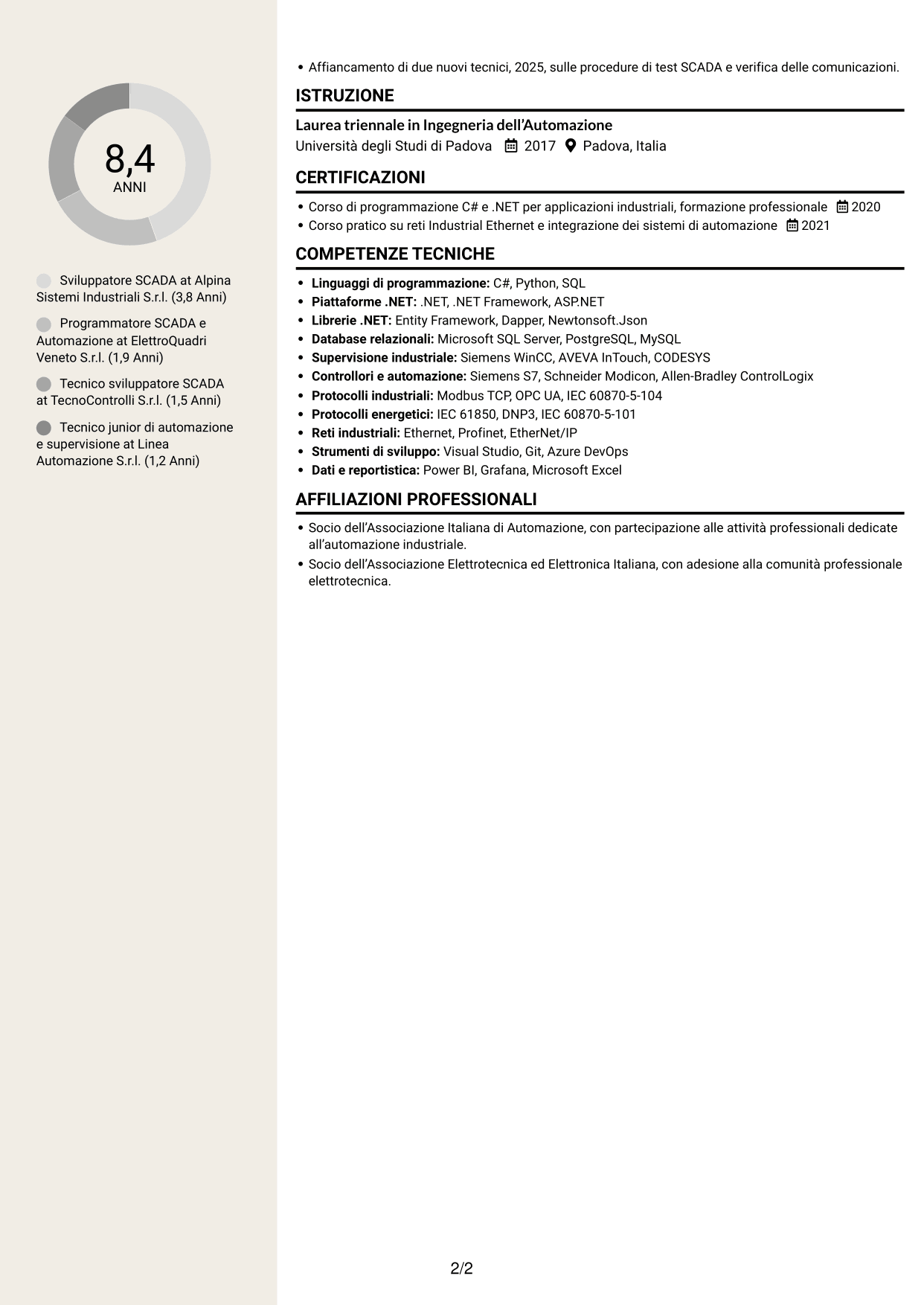 CV Intraprendente (formato a due colonne con intestazione centrata senza foto): Sviluppatore SCADA, pagina 2