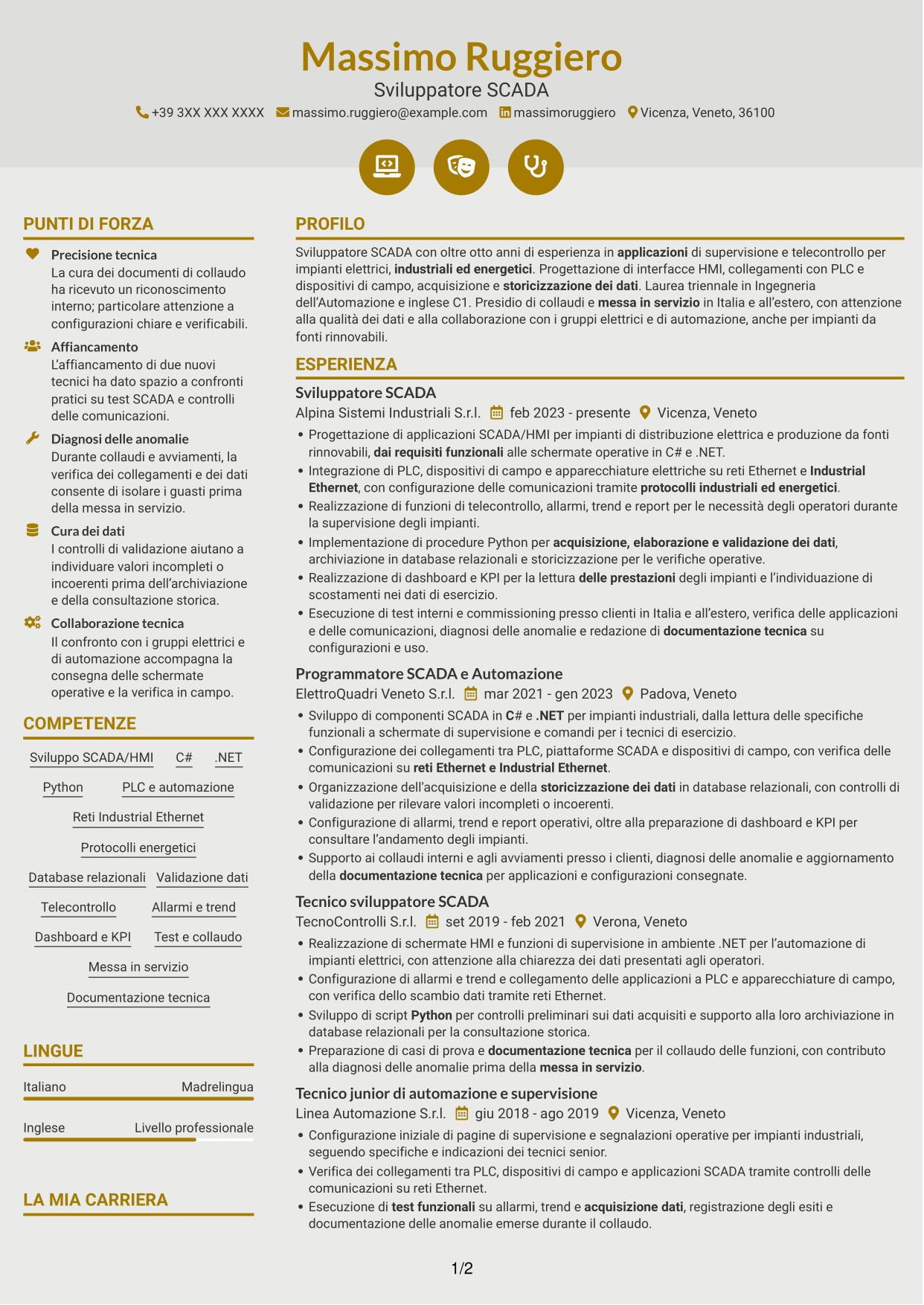 CV Dinamico (formato a due colonne con icone): Sviluppatore SCADA, pagina 1