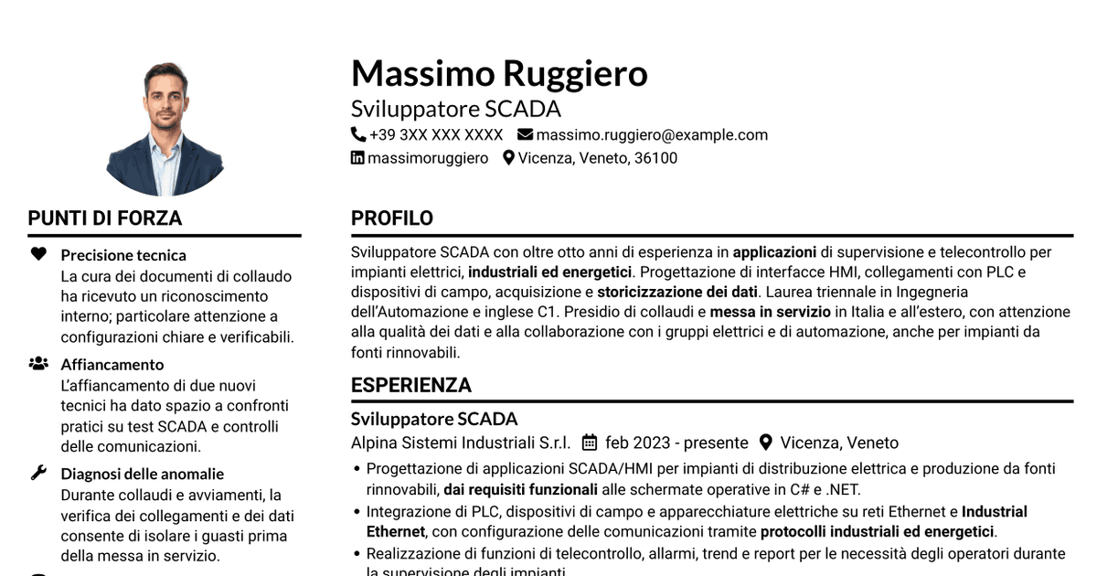 7 modelli di CV per Sviluppatore SCADA, con esempi