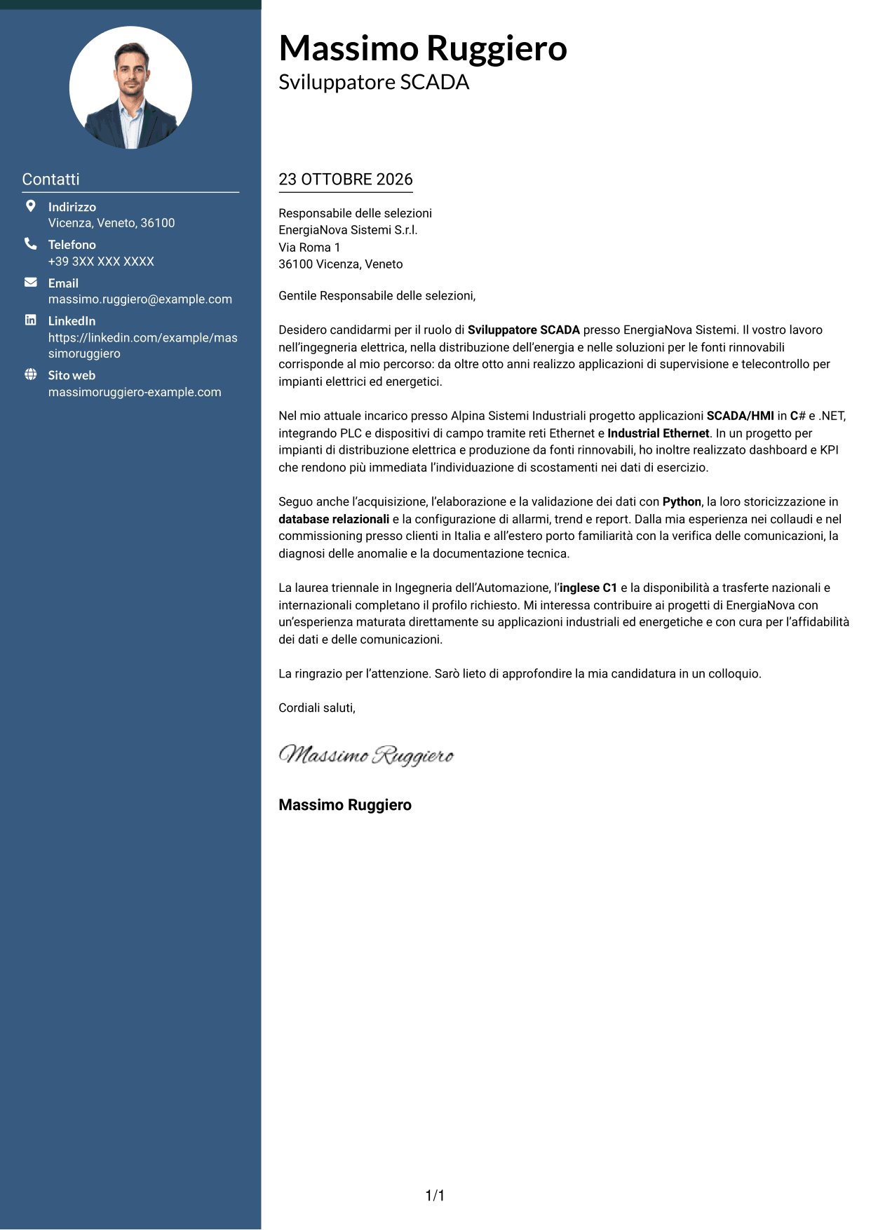 Lettera di presentazione Elegante (formato con colonna laterale colorata e foto): Sviluppatore SCADA, pagina 1