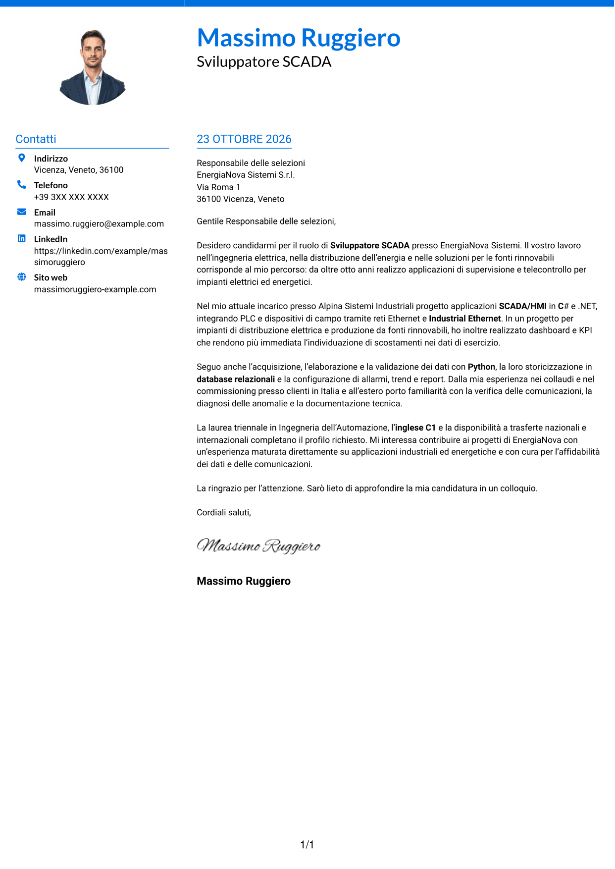 Lettera di presentazione Audace (formato a due colonne con accenti colorati e foto): Sviluppatore SCADA, pagina 1