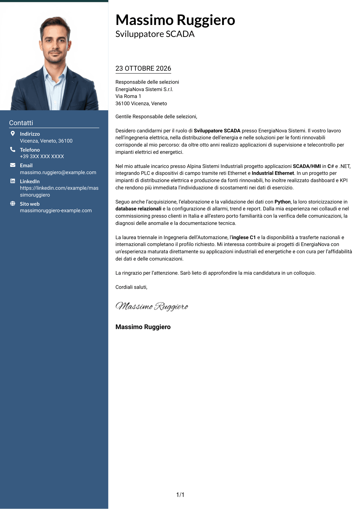 Lettera di presentazione Signature (formato con colonna laterale colorata e foto grande): Sviluppatore SCADA, pagina 1