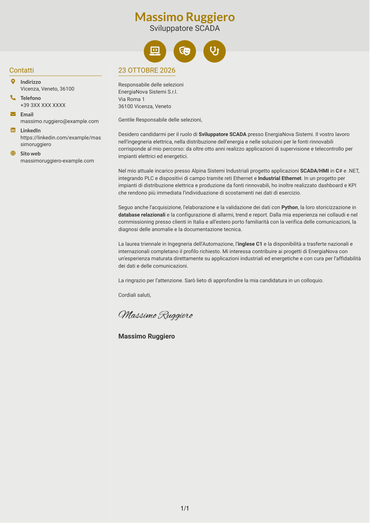 Lettera di presentazione Dinamico (formato a due colonne con icone): Sviluppatore SCADA, pagina 1