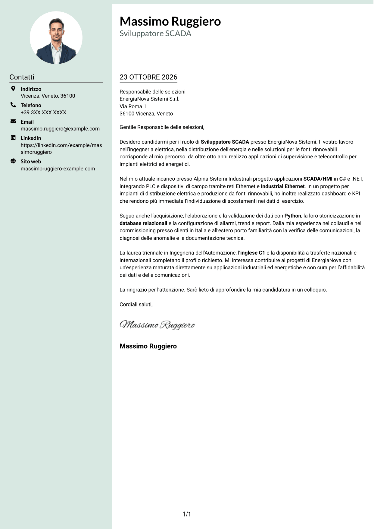 Lettera di presentazione Dirigente (formato con colonna laterale tenue e foto arrotondata): Sviluppatore SCADA, pagina 1