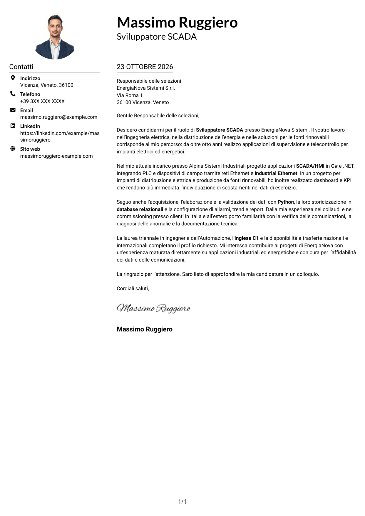 Esempio di lettera di presentazione — pagina 1