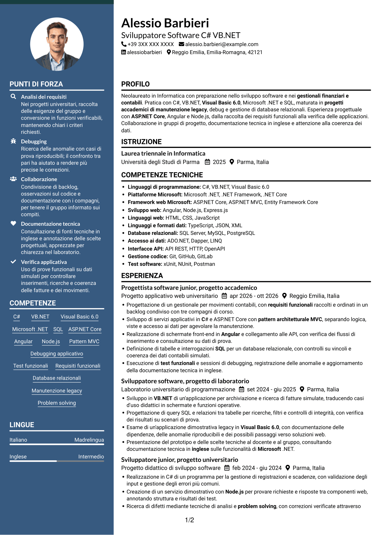 CV Elegante (formato con colonna laterale colorata e foto): Sviluppatore Software C# VB.NET, pagina 1