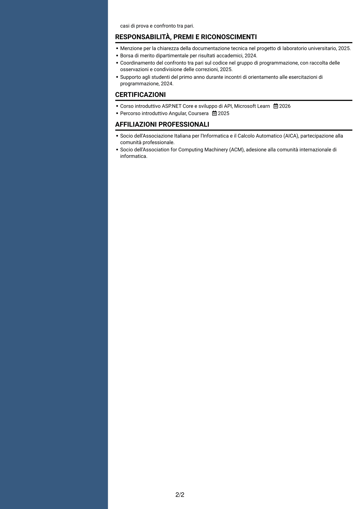 CV Elegante (formato con colonna laterale colorata e foto): Sviluppatore Software C# VB.NET, pagina 2