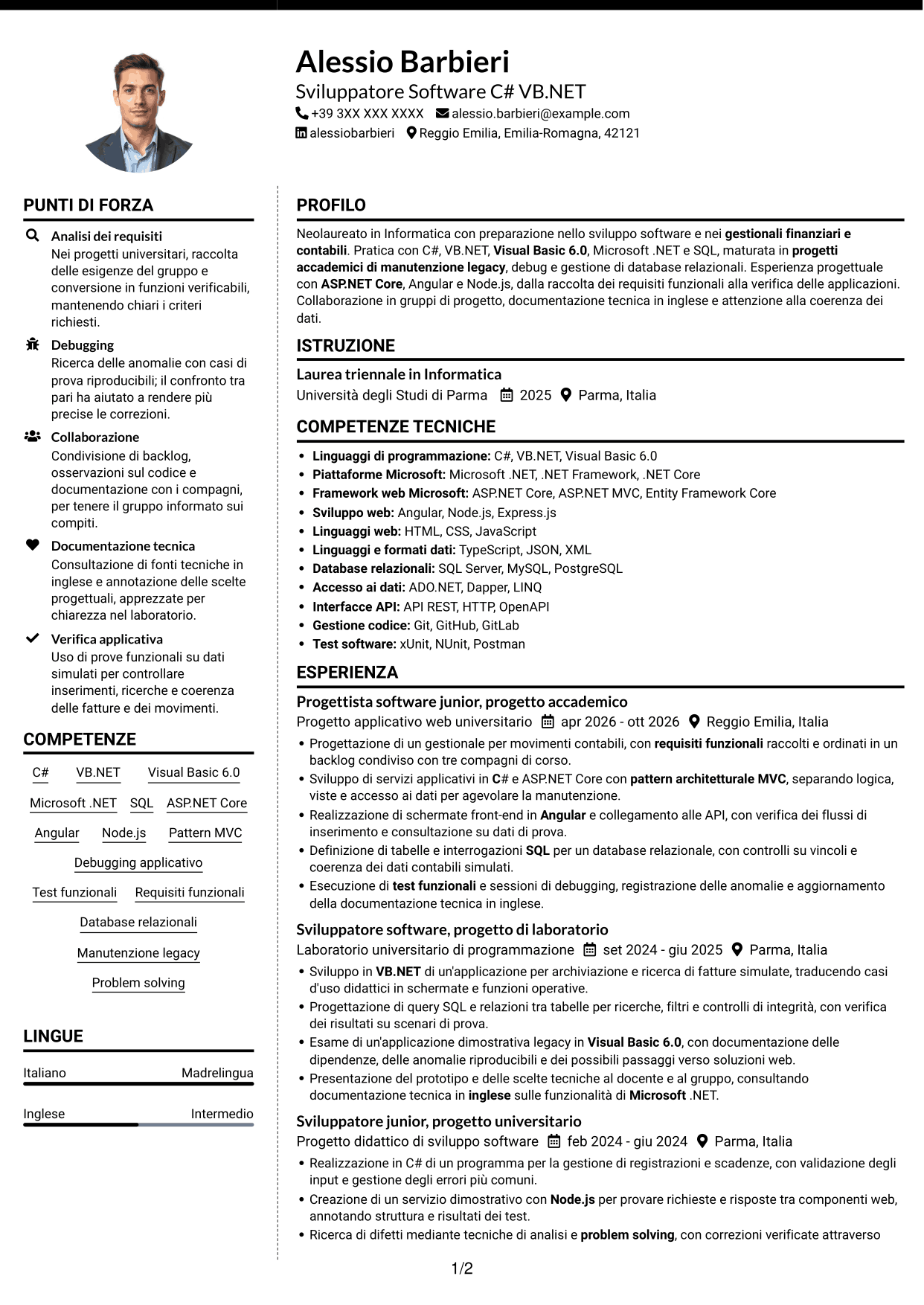 CV Moderno (formato a due colonne con foto a sinistra e separatore): Sviluppatore Software C# VB.NET, pagina 1