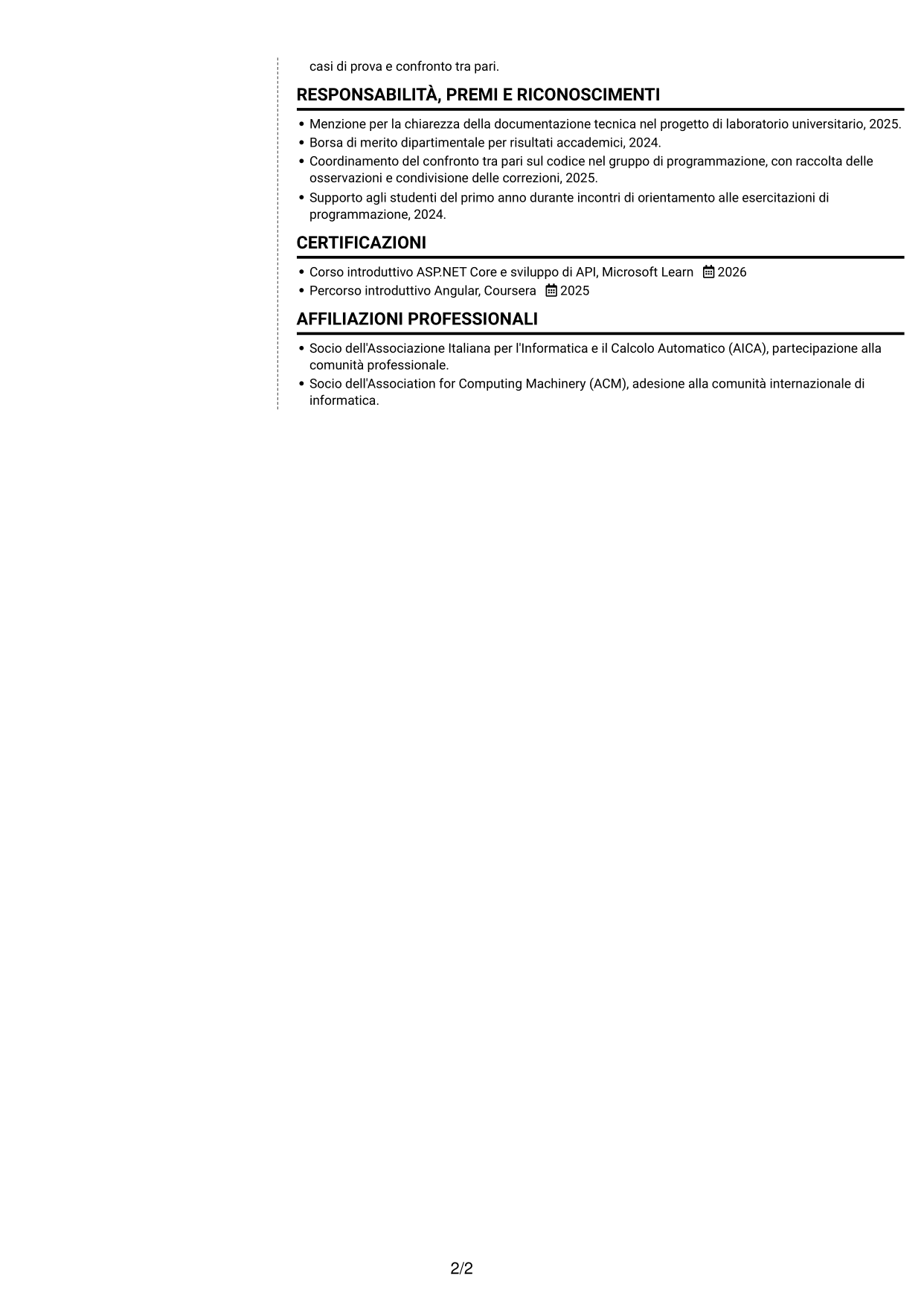 CV Moderno (formato a due colonne con foto a sinistra e separatore): Sviluppatore Software C# VB.NET, pagina 2