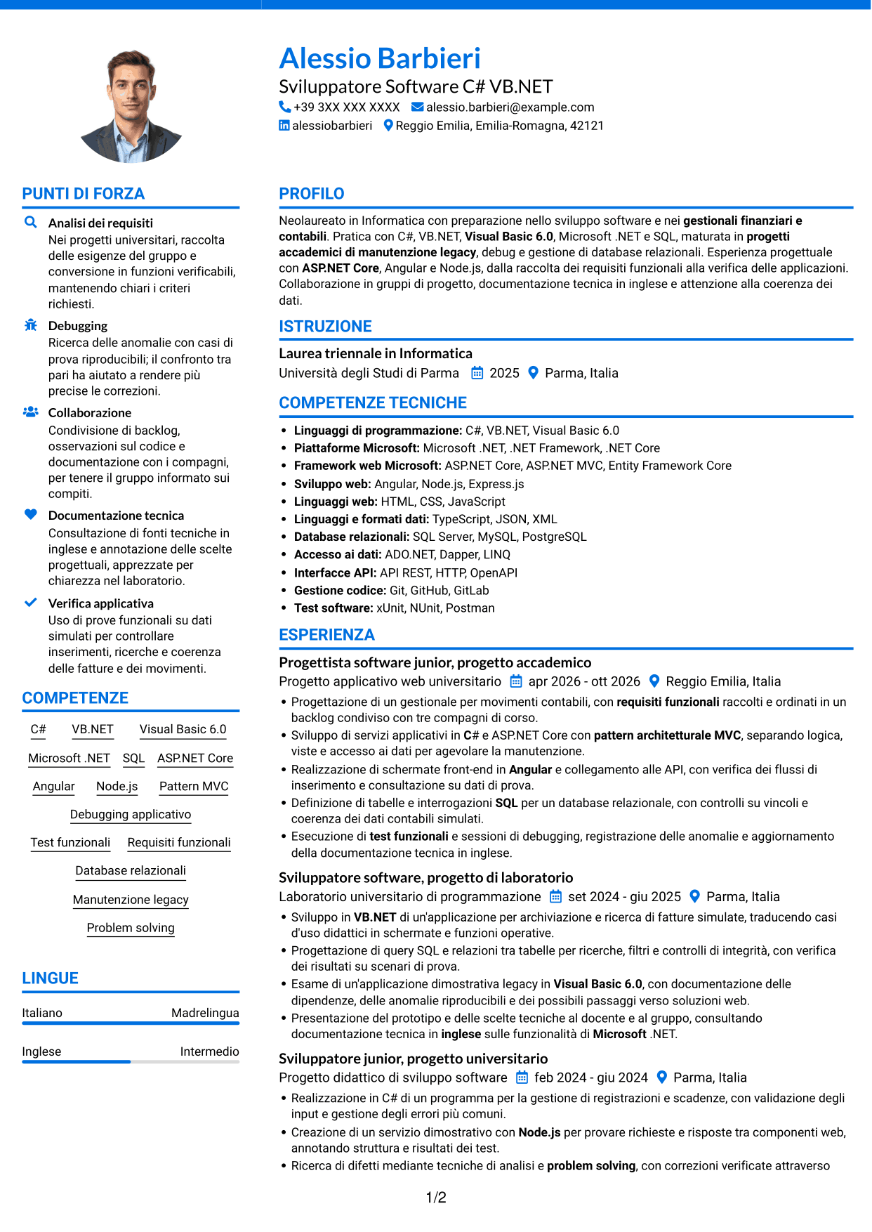 CV Audace (formato a due colonne con accenti colorati e foto): Sviluppatore Software C# VB.NET, pagina 1