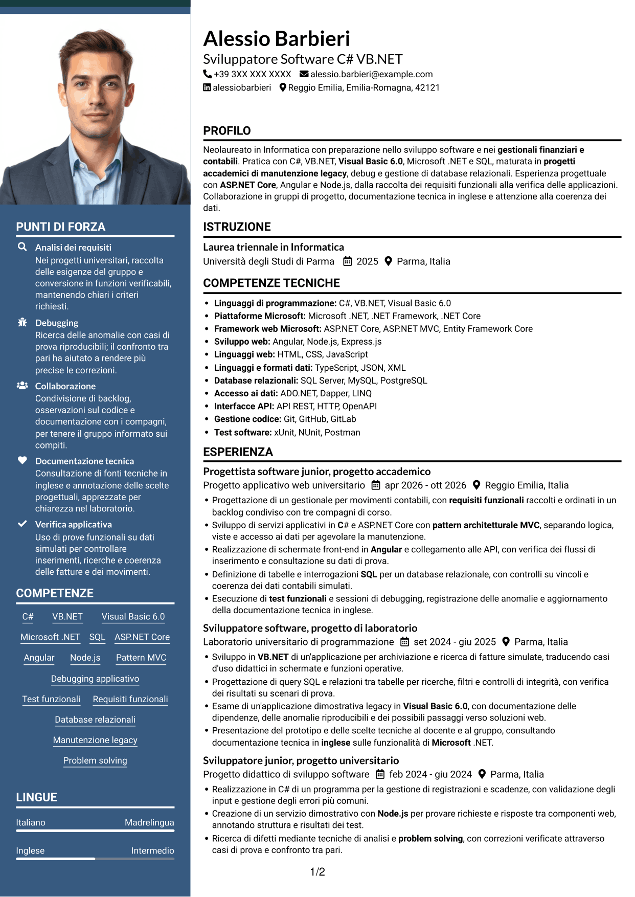 CV Signature (formato con colonna laterale colorata e foto grande): Sviluppatore Software C# VB.NET, pagina 1
