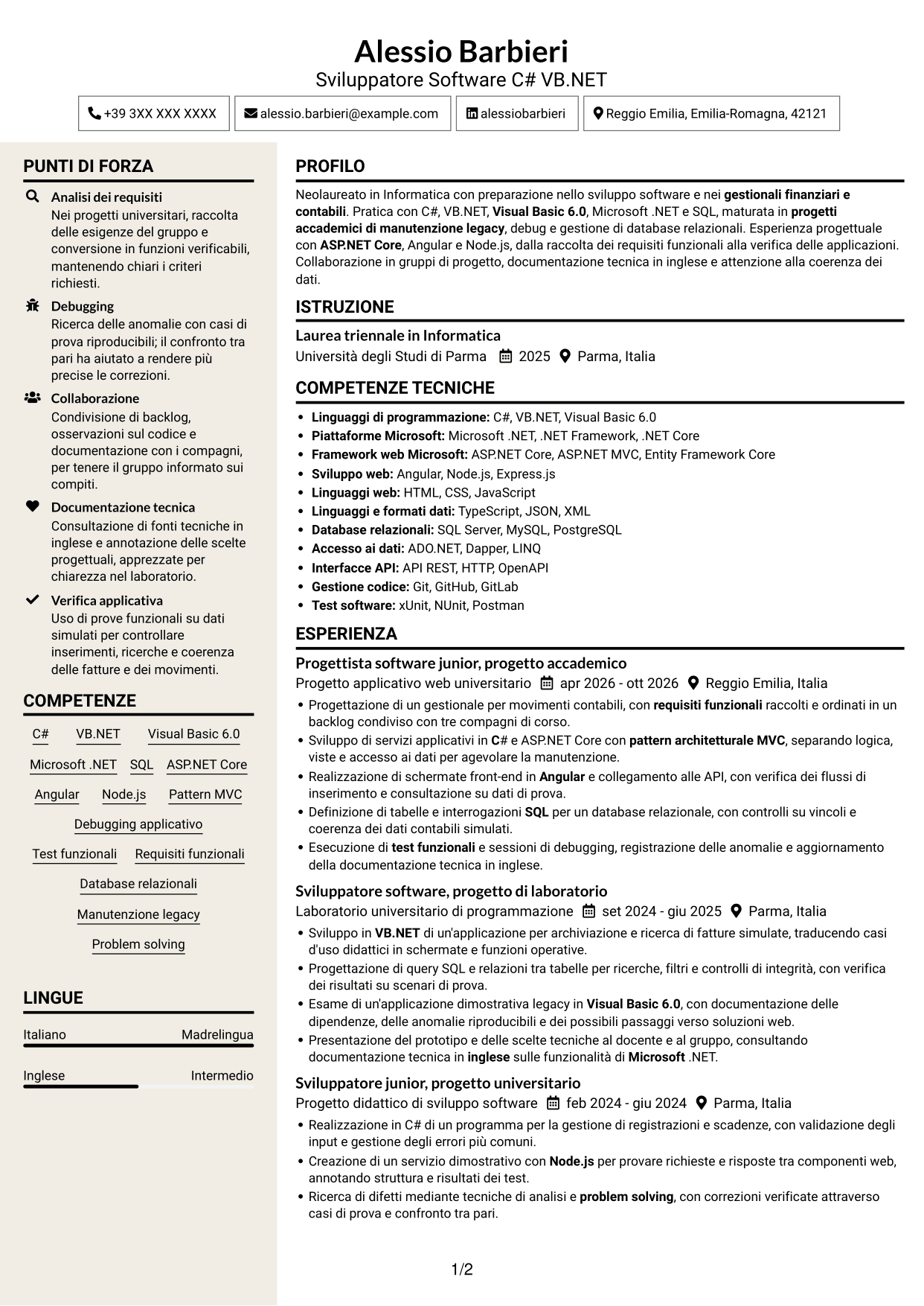 CV Intraprendente (formato a due colonne con intestazione centrata senza foto): Sviluppatore Software C# VB.NET, pagina 1
