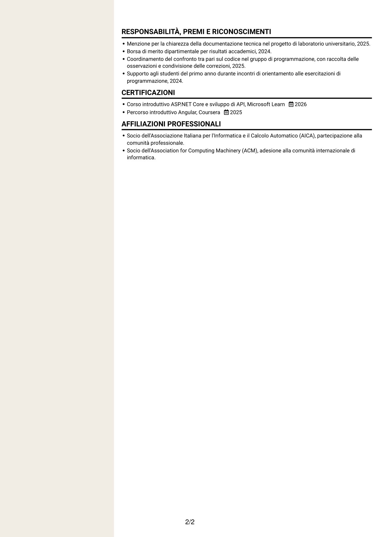 CV Intraprendente (formato a due colonne con intestazione centrata senza foto): Sviluppatore Software C# VB.NET, pagina 2