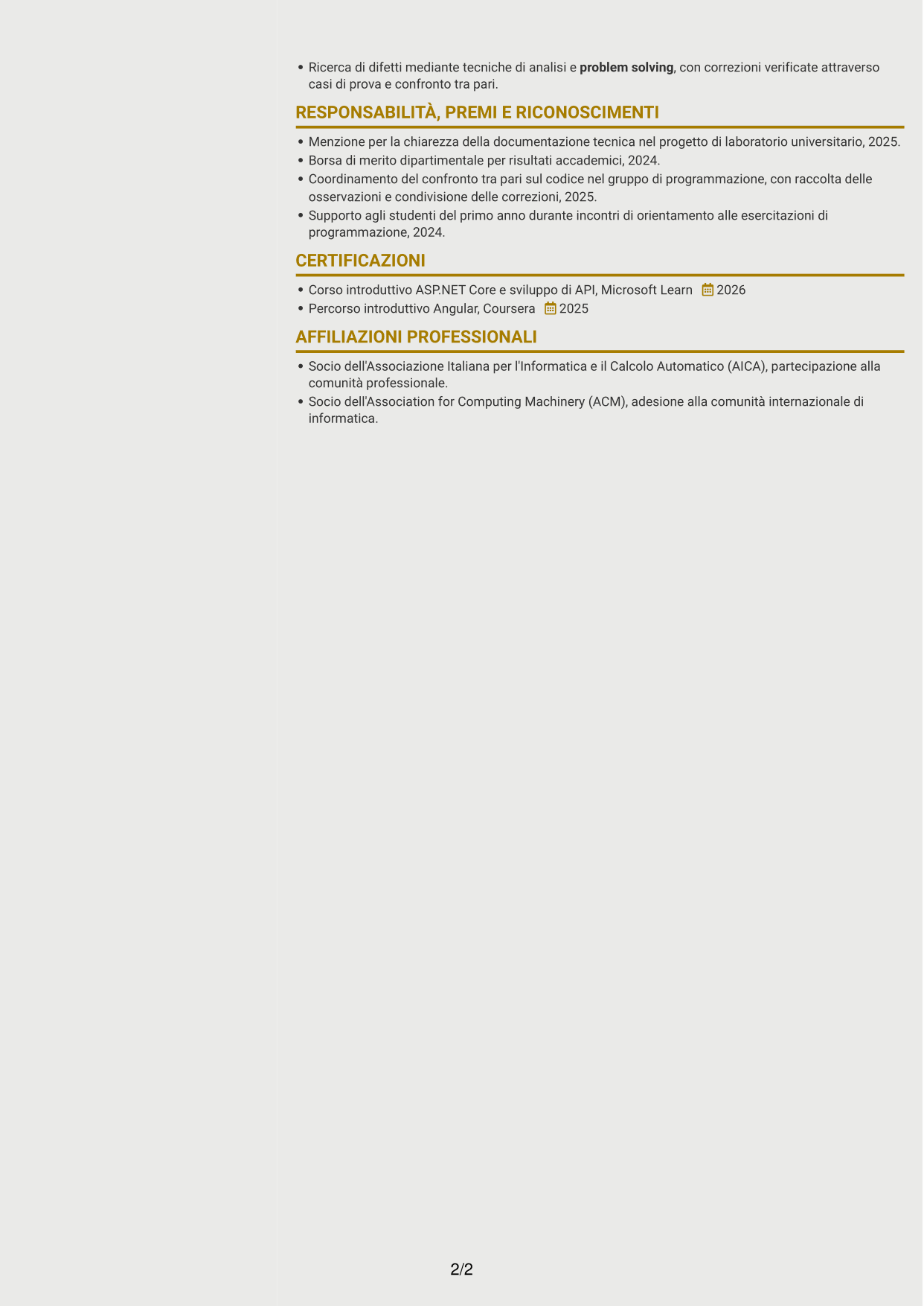 CV Dinamico (formato a due colonne con icone): Sviluppatore Software C# VB.NET, pagina 2