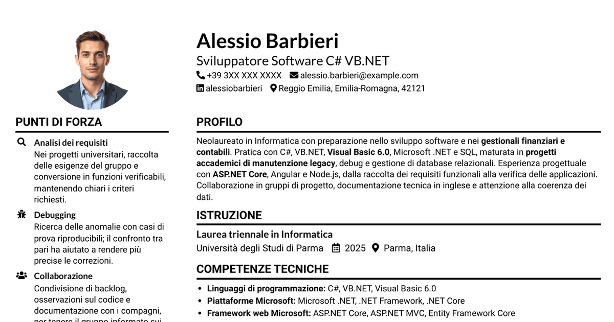 7 modelli di CV per Sviluppatore Software C# VB.NET, con esempi