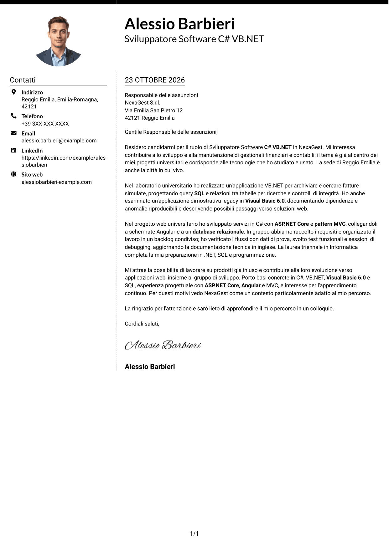 Lettera di presentazione Moderno (formato a due colonne con foto a sinistra e separatore): Sviluppatore Software C# VB.NET, pagina 1