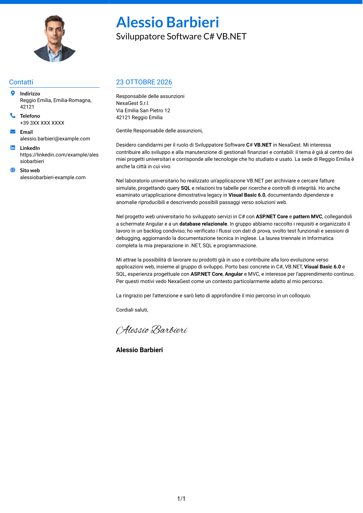 Lettera di presentazione Audace (formato a due colonne con accenti colorati e foto): Sviluppatore Software C# VB.NET, pagina 1