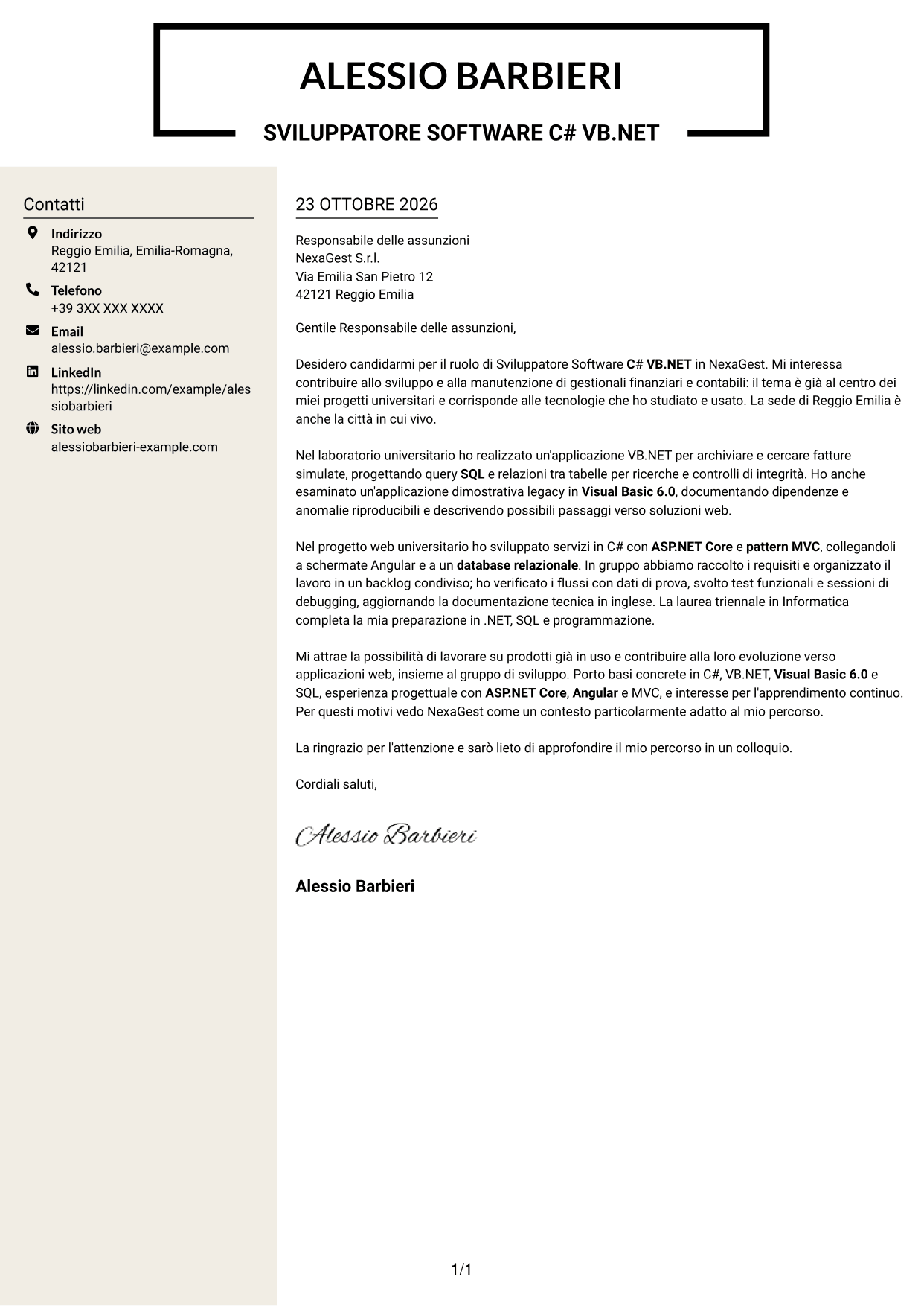 Lettera di presentazione Intraprendente (formato a due colonne con intestazione centrata senza foto): Sviluppatore Software C# VB.NET, pagina 1