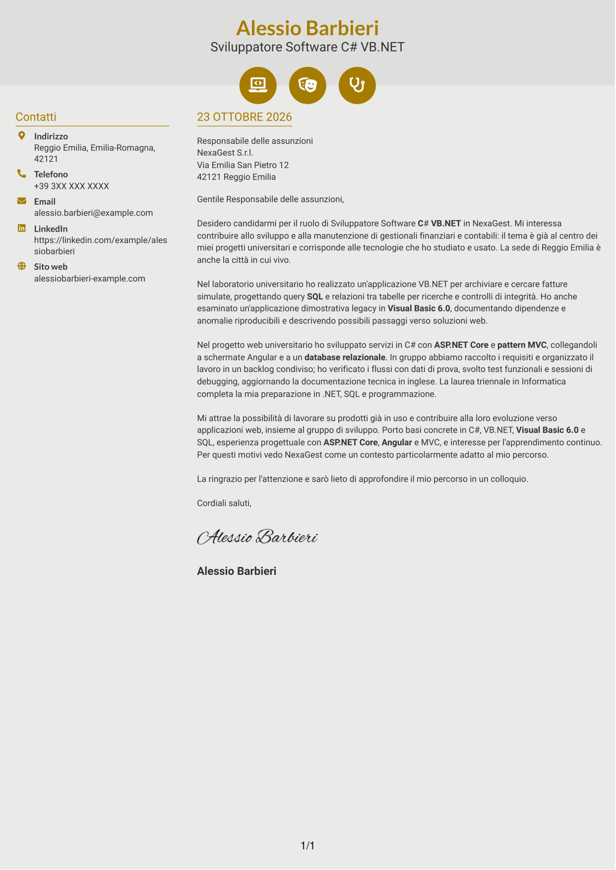 Lettera di presentazione Dinamico (formato a due colonne con icone): Sviluppatore Software C# VB.NET, pagina 1