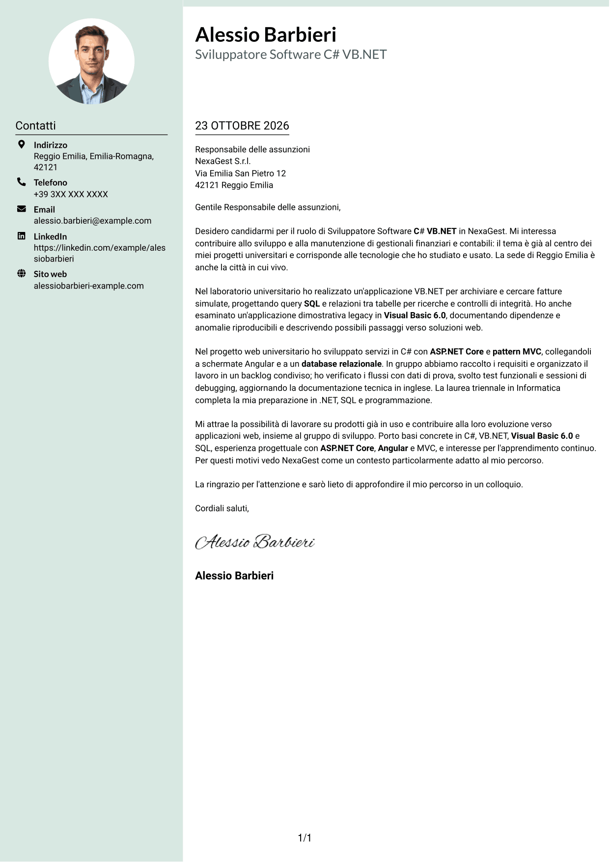 Lettera di presentazione Dirigente (formato con colonna laterale tenue e foto arrotondata): Sviluppatore Software C# VB.NET, pagina 1