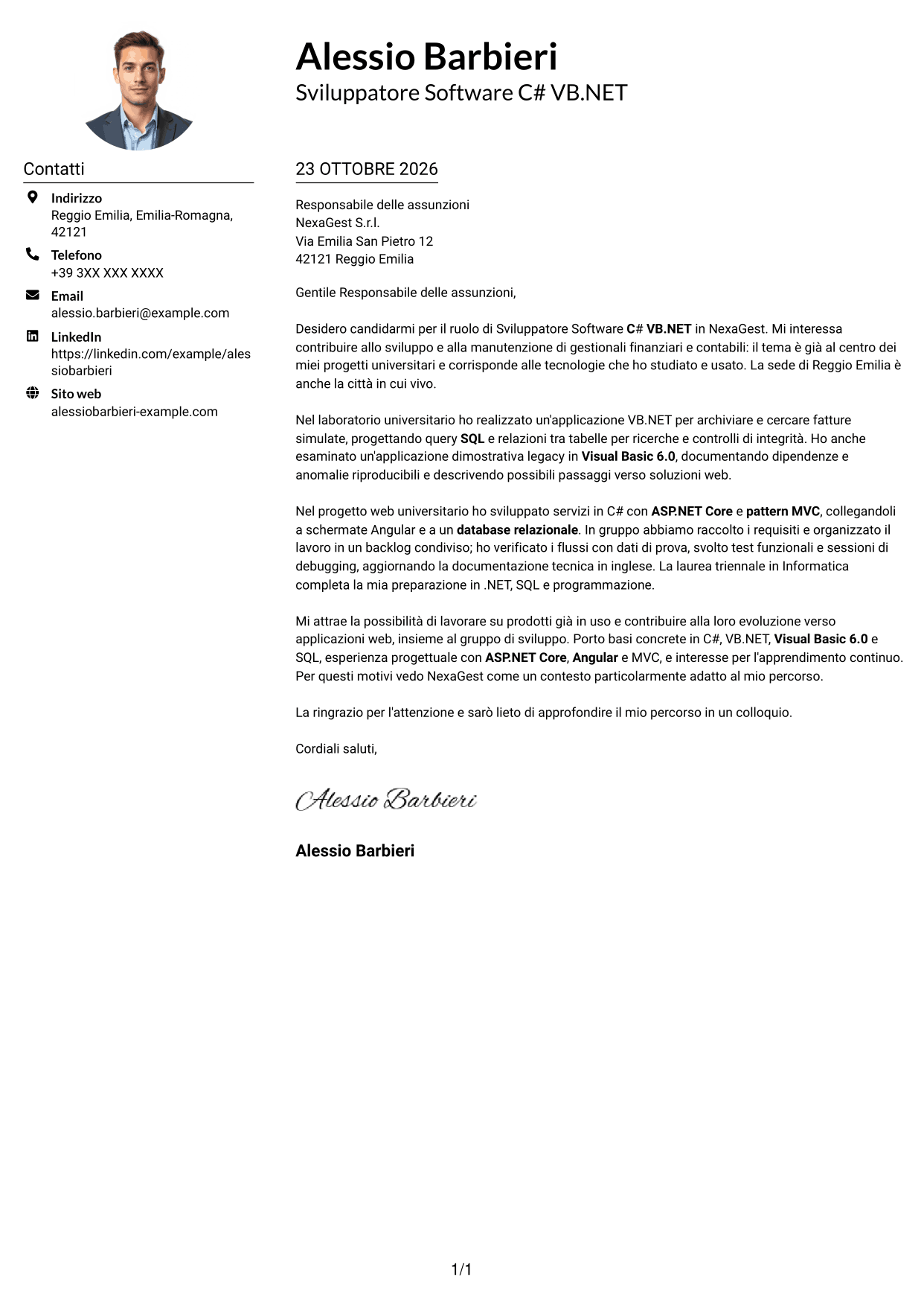 Esempio di lettera di presentazione — pagina 1